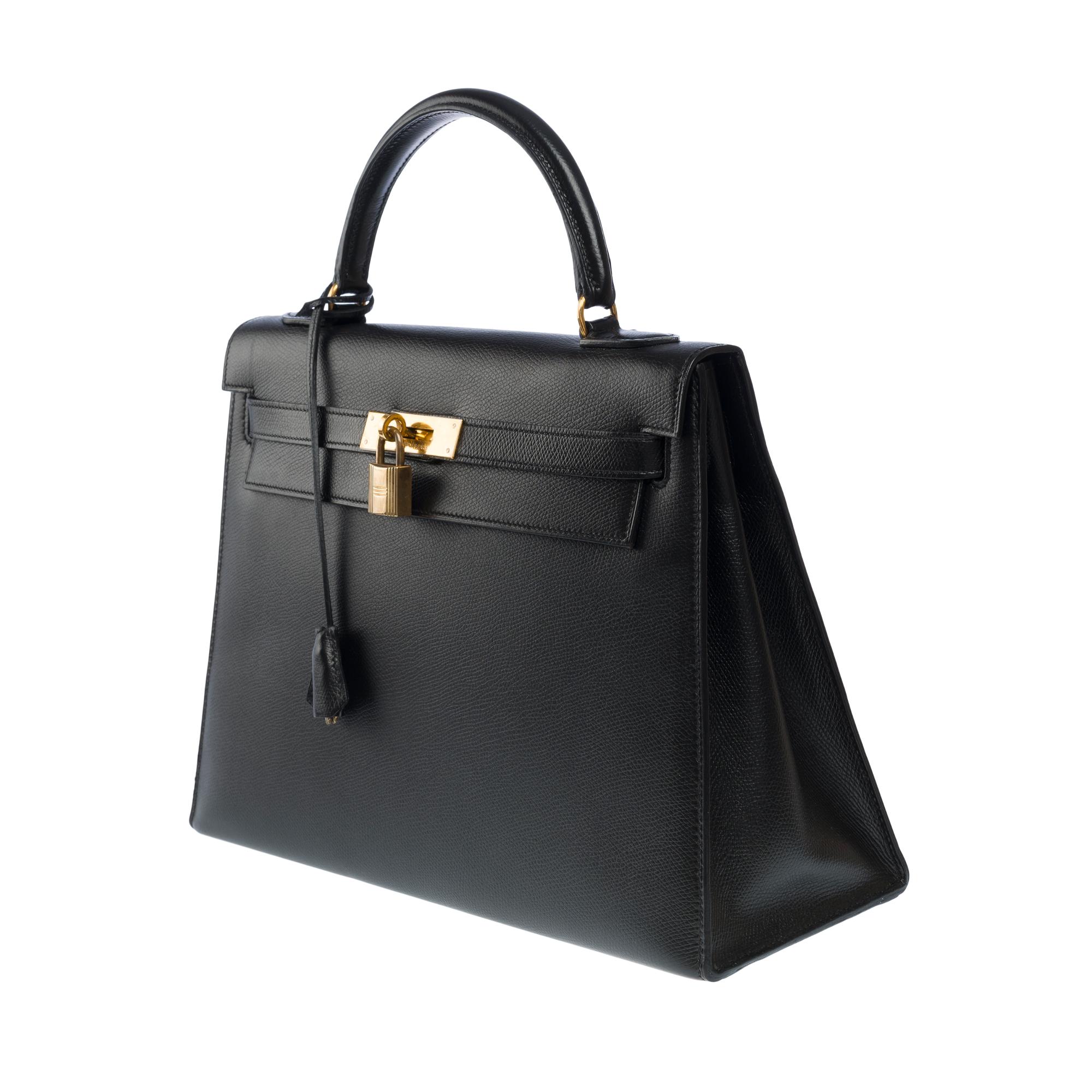 Women's Vintage Hermès Kelly 32 sellier handbag strap in Black Courchevel leather, GHW