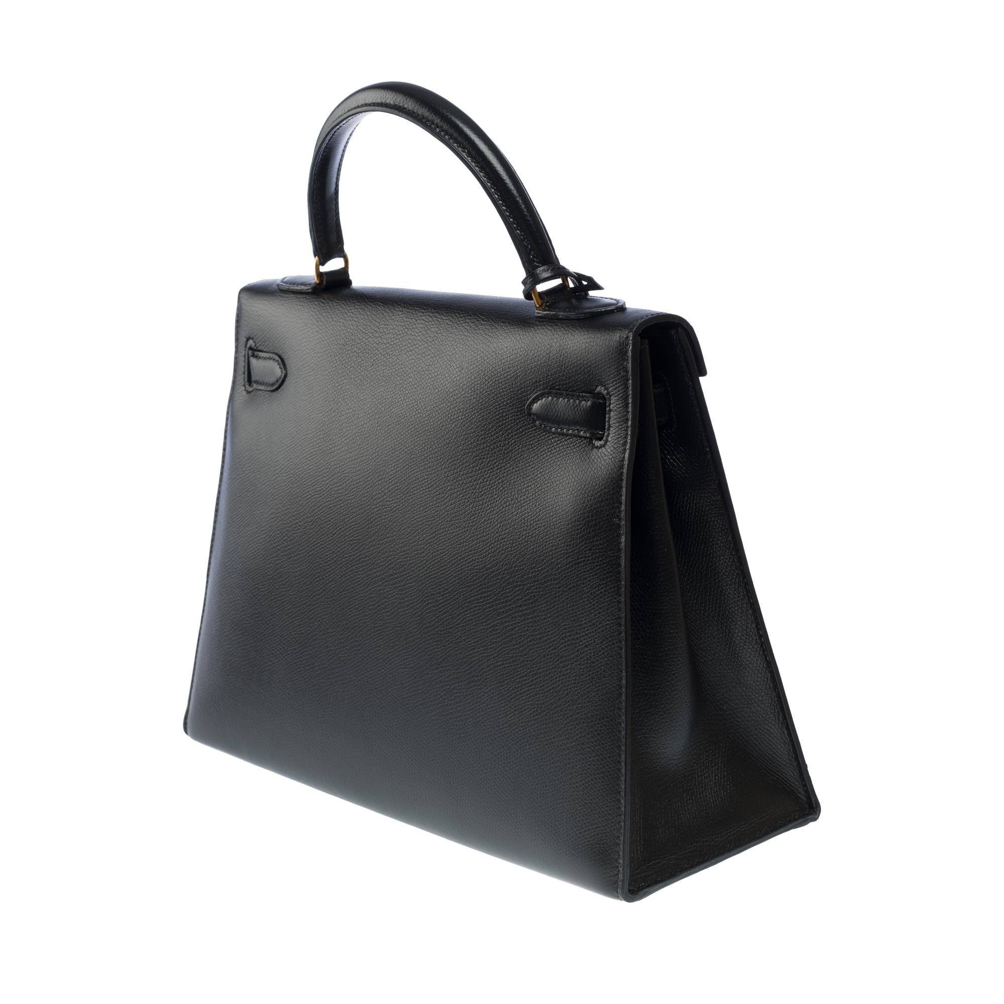 Vintage Hermès Kelly 32 sellier handbag strap in Black Courchevel leather, GHW 1