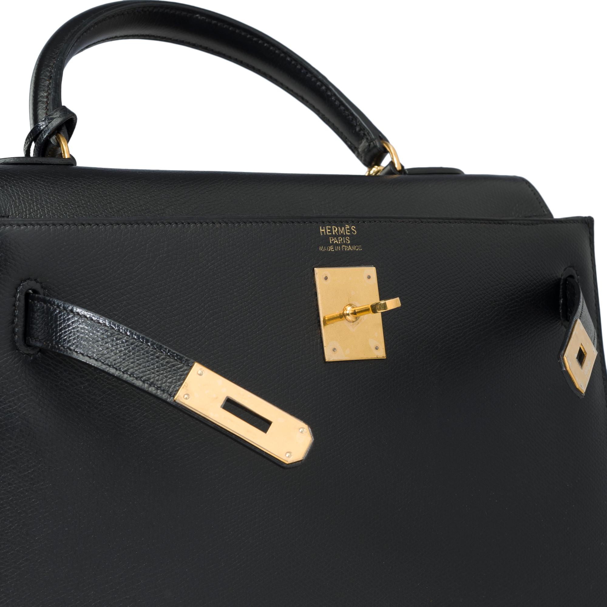 Vintage Hermès Kelly 32 sellier handbag strap in Black Courchevel leather, GHW 2