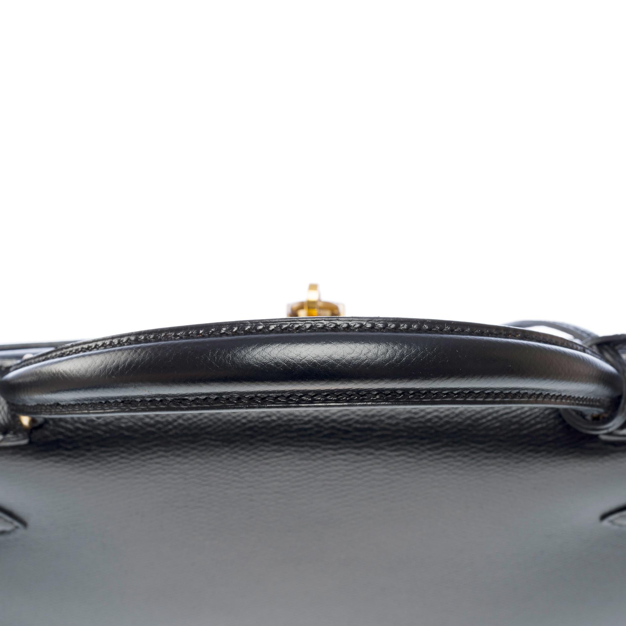 Vintage Hermès Kelly 32 sellier handbag strap in Black Courchevel leather, GHW 5