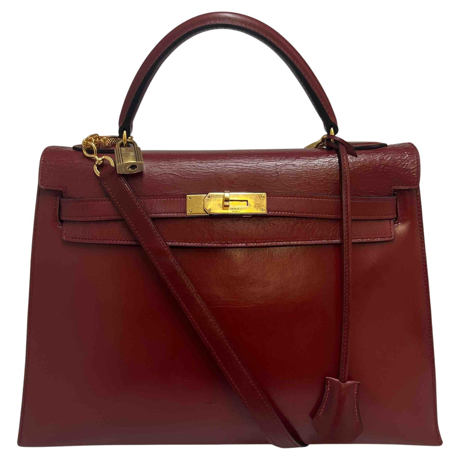 HERMES Rouge H and Vif red Marine blue Box leather KELLY 32 SELLIER Bag Tri- Color For Sale at 1stDibs
