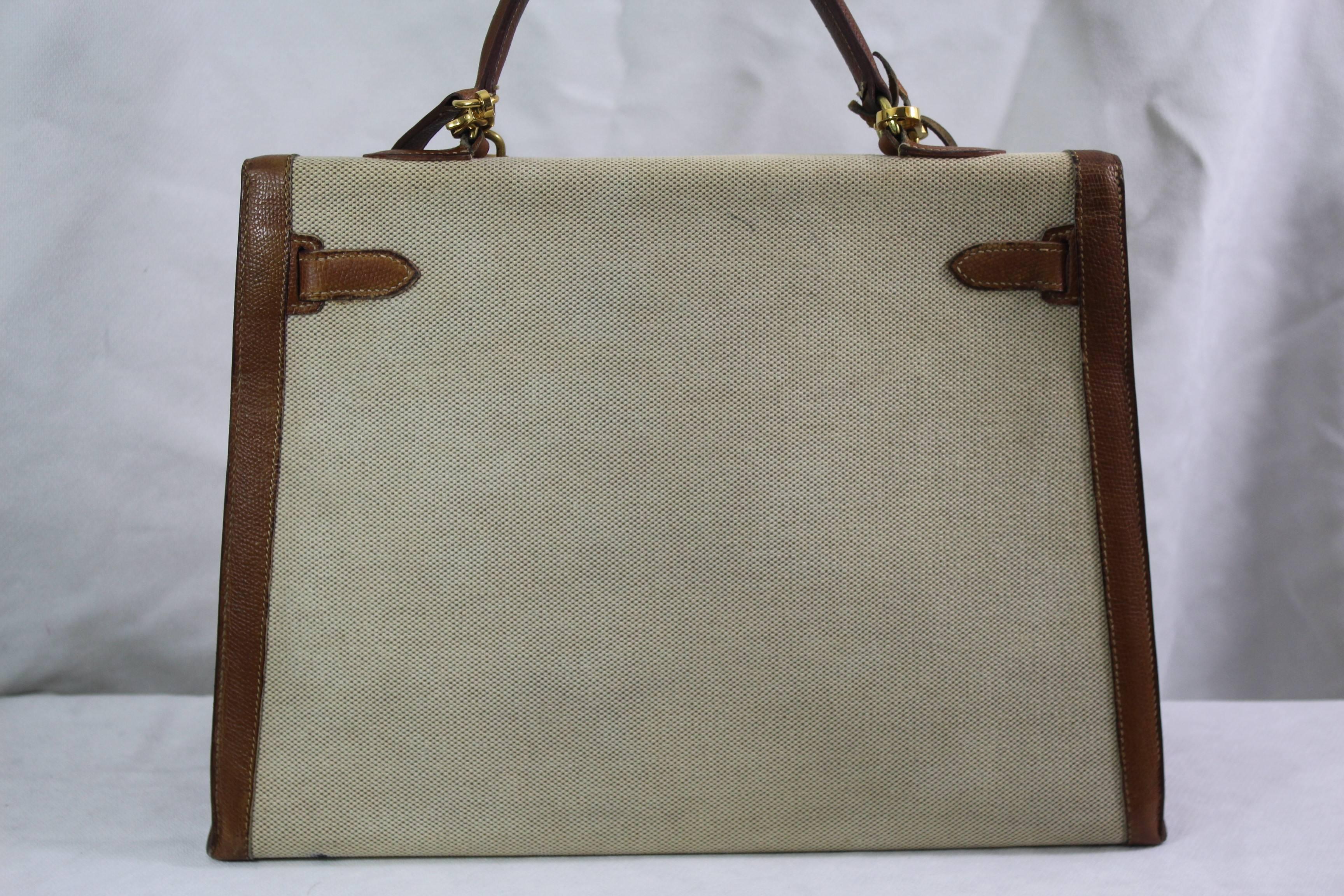Gray Vintage Hermes Kelly 35 Canvas  Golden Grained Leather. Copy Hermes Spa Invoece 
