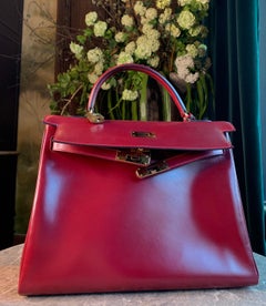 Vintage Hermes Kelly Bag 32cm In Burgundy Box Leather, 1976