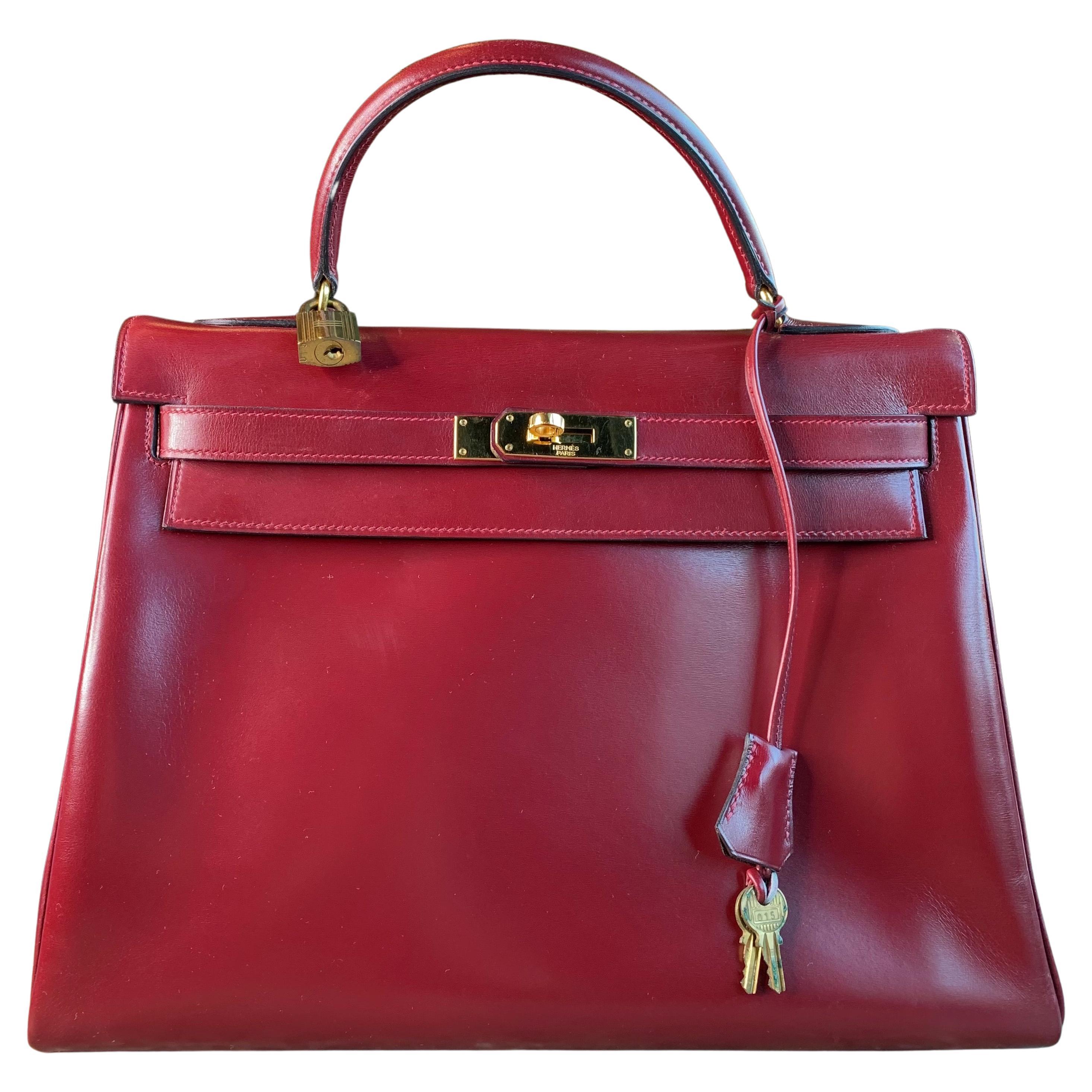 Vintage Hermes Kelly Bag 32cm In Burgundy Box Leather, 1976