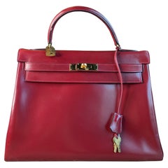 Vintage Hermes Kelly Bag 32cm In Burgundy Box Leather, 1976