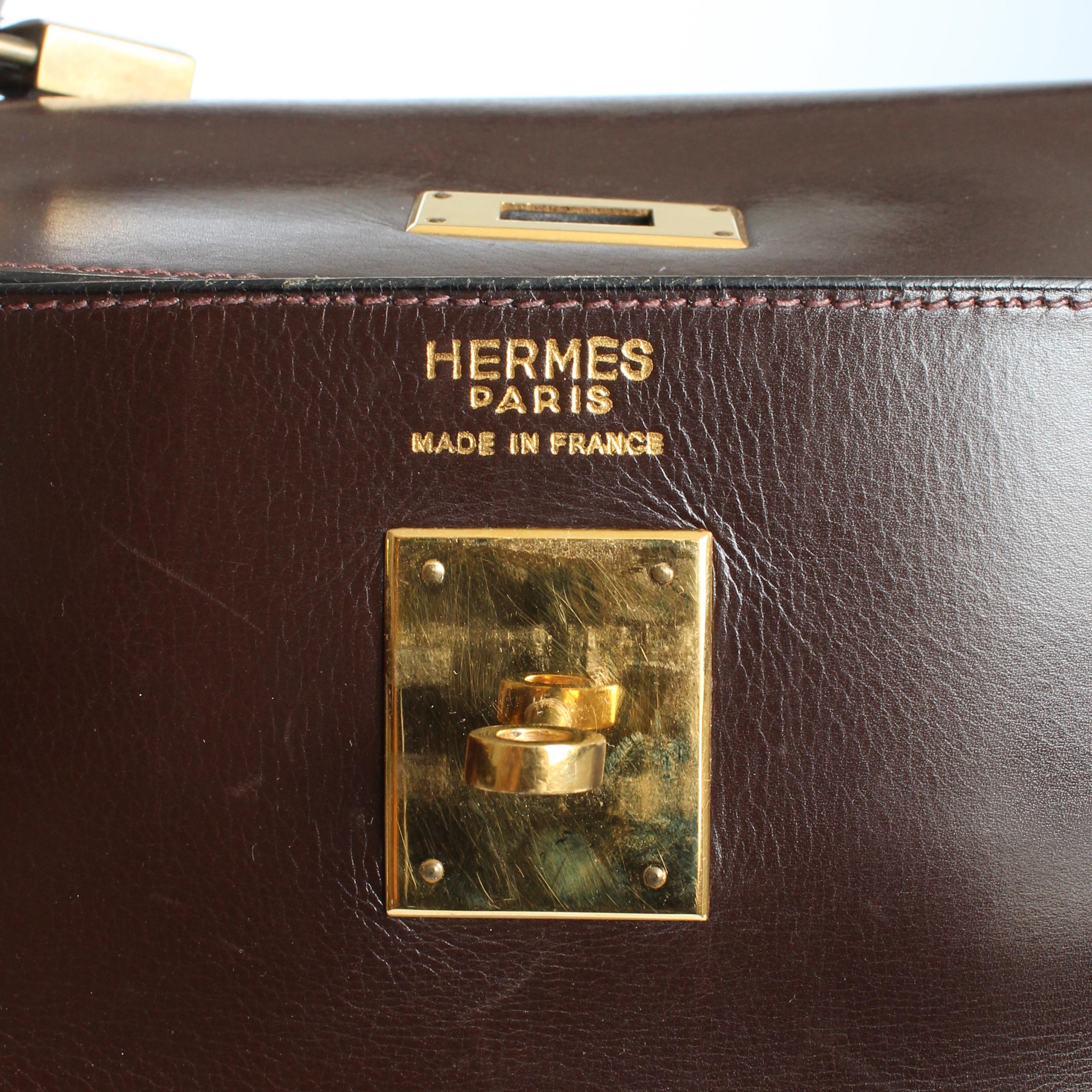 Vintage Hermes Kelly Bag Retourne Brown Box Leather 35cm Top Handle Bag 1945  For Sale 1