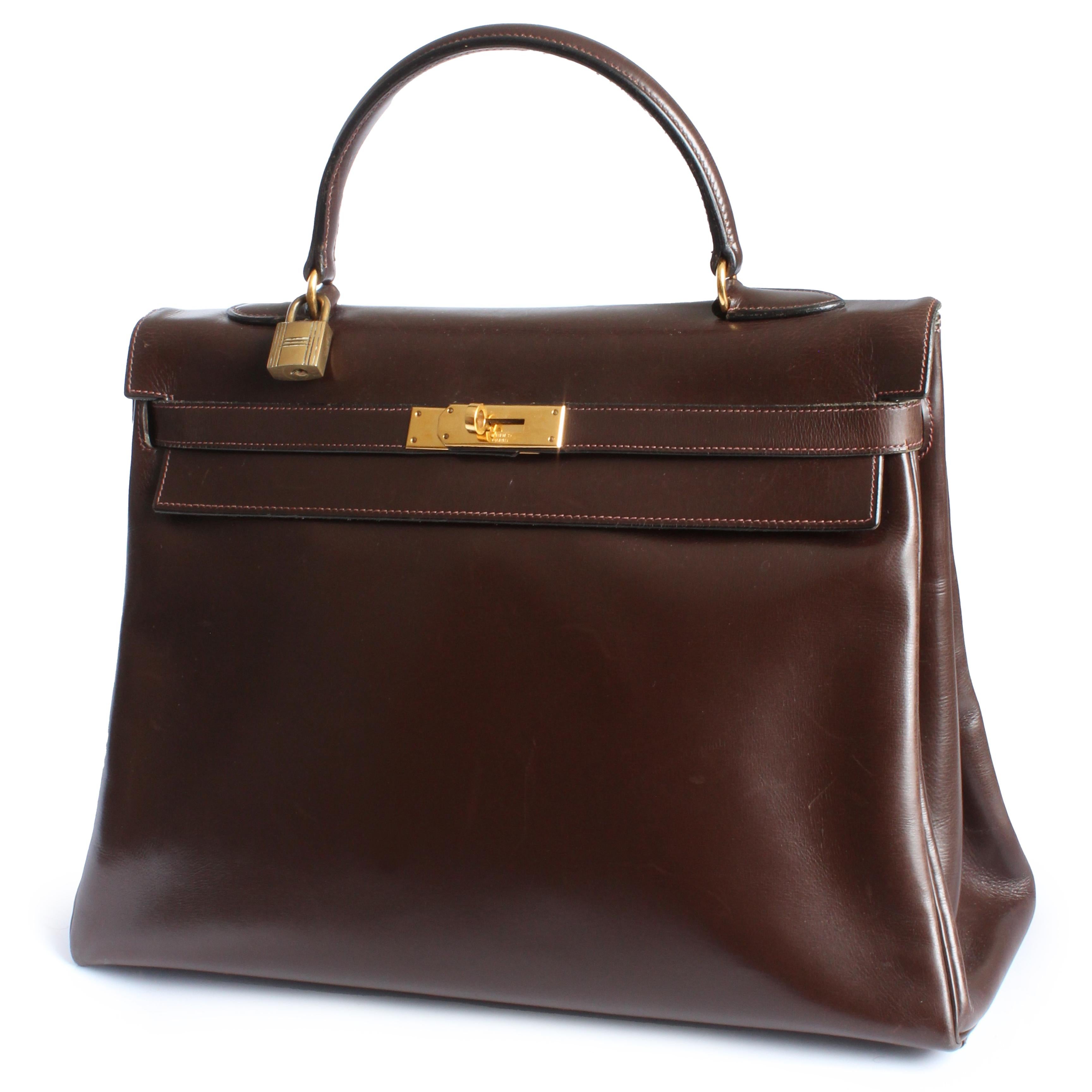 Vintage Hermes Kelly Bag Retourne Brown Box Leather 35cm Top Handle Bag 1945  For Sale 2