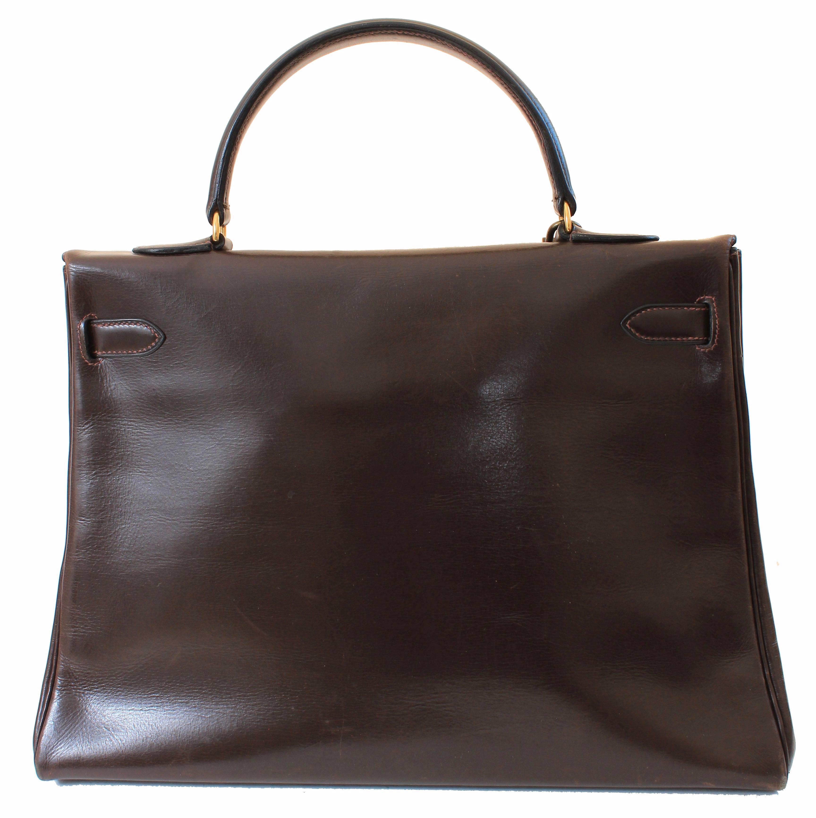 Vintage Hermes Kelly Bag Retourne Brown Box Leather 35cm Top Handle Bag 1945  For Sale 4