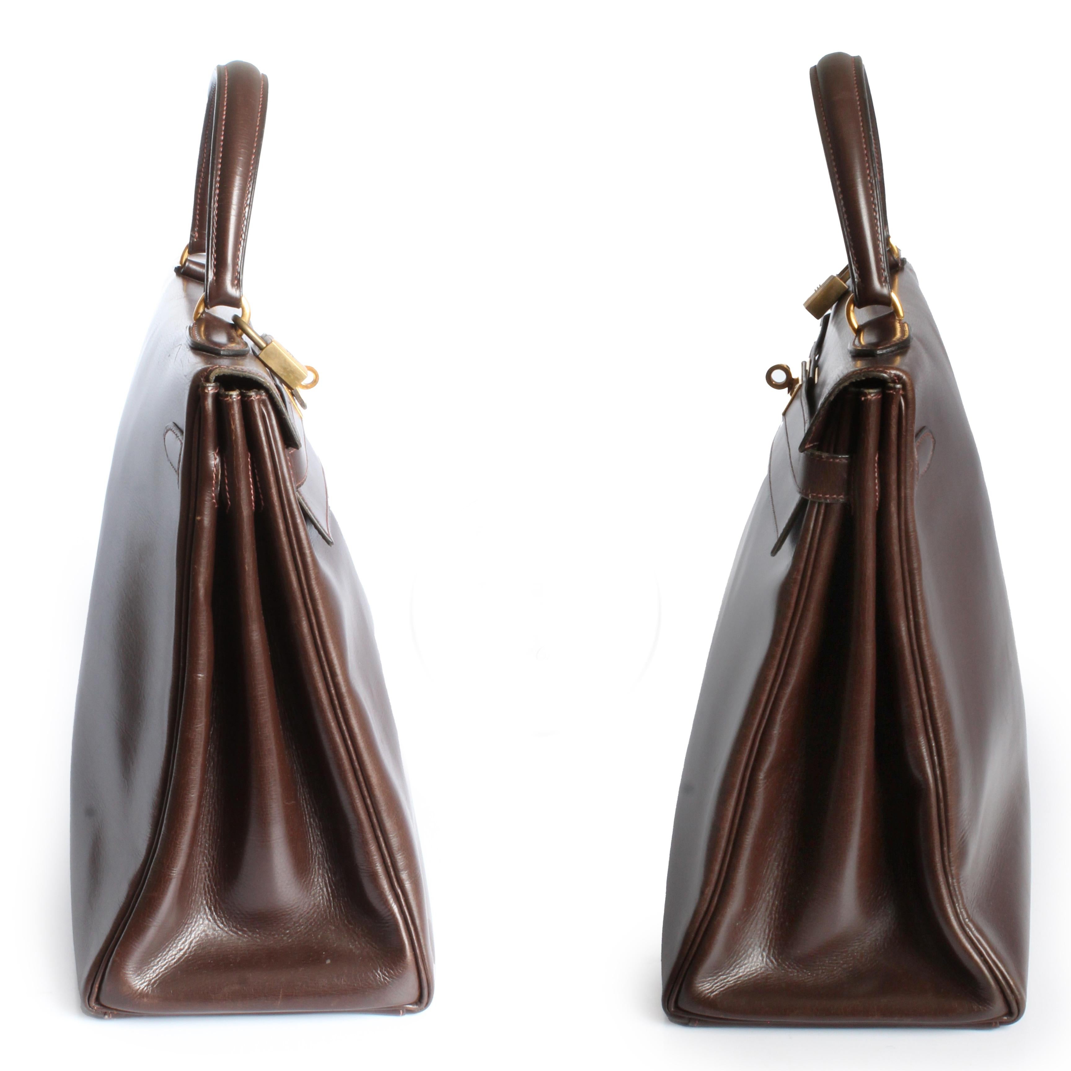 Vintage Hermes Kelly Bag Retourne Brown Box Leather 35cm Top Handle Bag 1945  For Sale 3