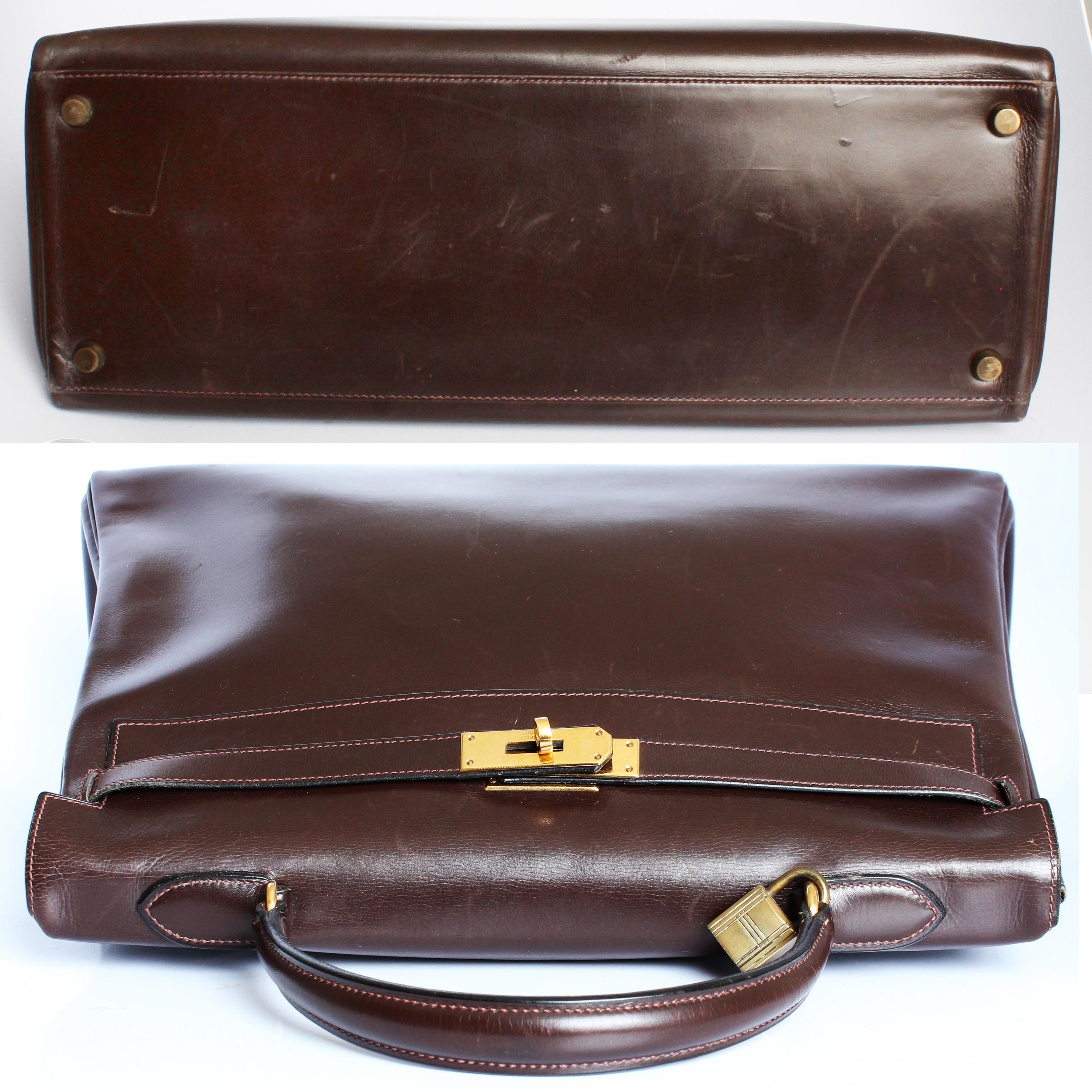 Vintage Hermes Kelly Bag Retourne Brown Box Leather 35cm Top Handle Bag 1945  For Sale 5