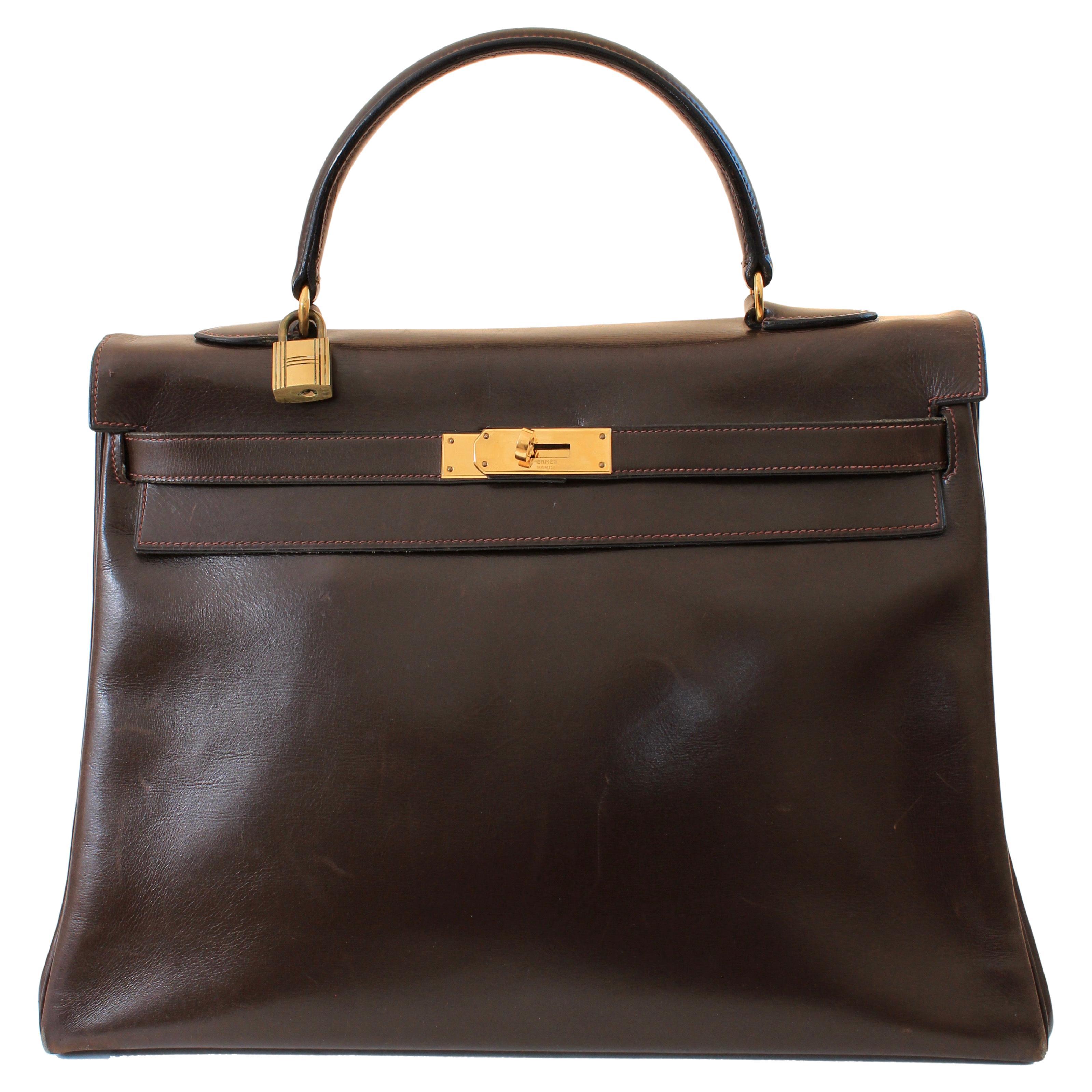 Vintage Hermes Kelly Bag Retourne Brown Box Leather 35cm Top Handle Bag 1945  For Sale