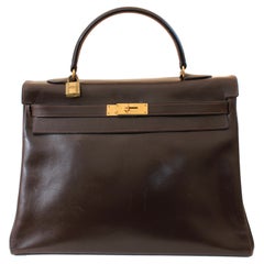 Vintage Hermes Kelly Bag Retourne Brown Box Leather 35cm Top Handle Bag 1945 