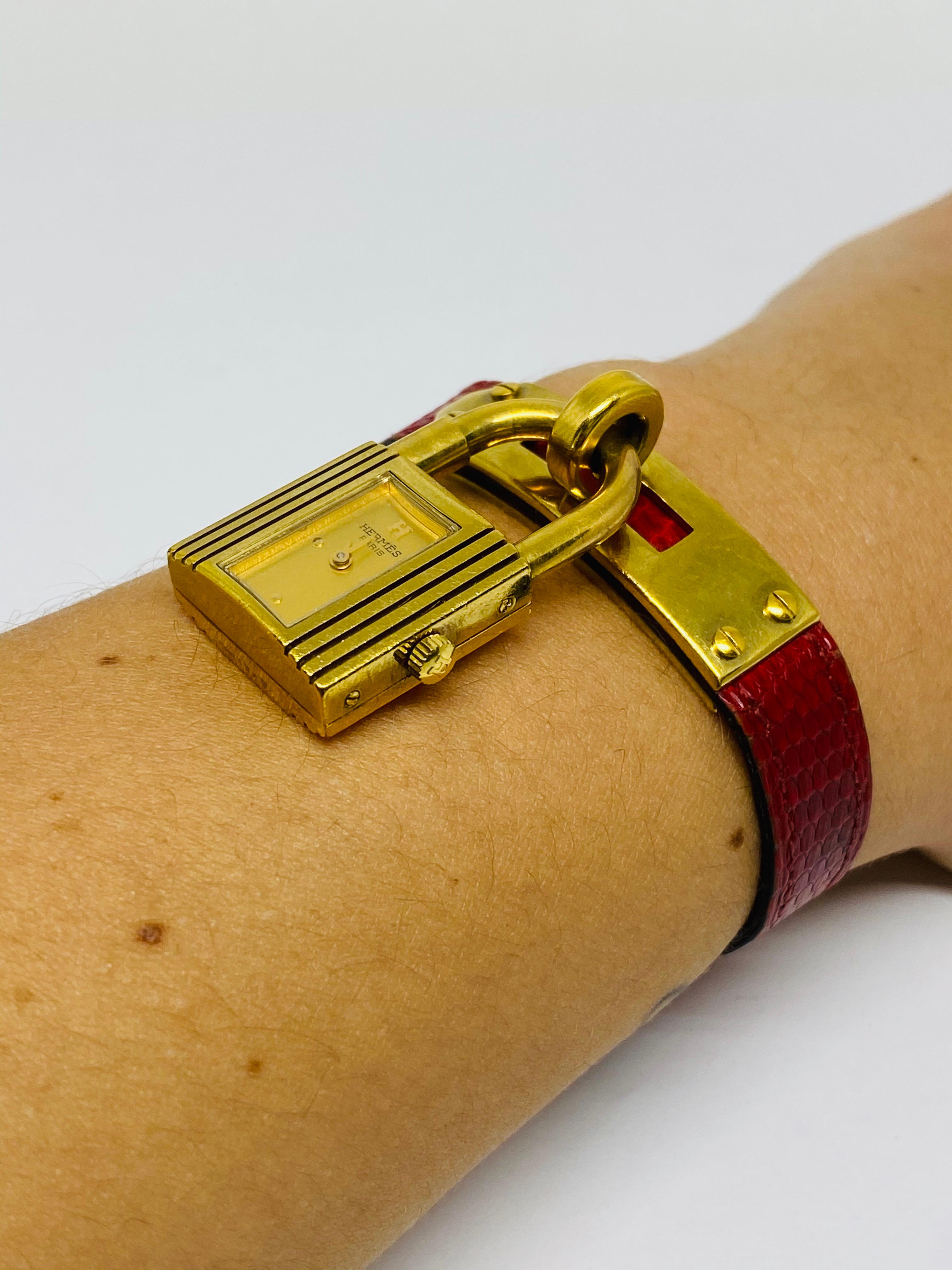 Vintage HERMES Kelly Gold Padlock Wrist Watch Red Animal Skin Strap Bracelet  6