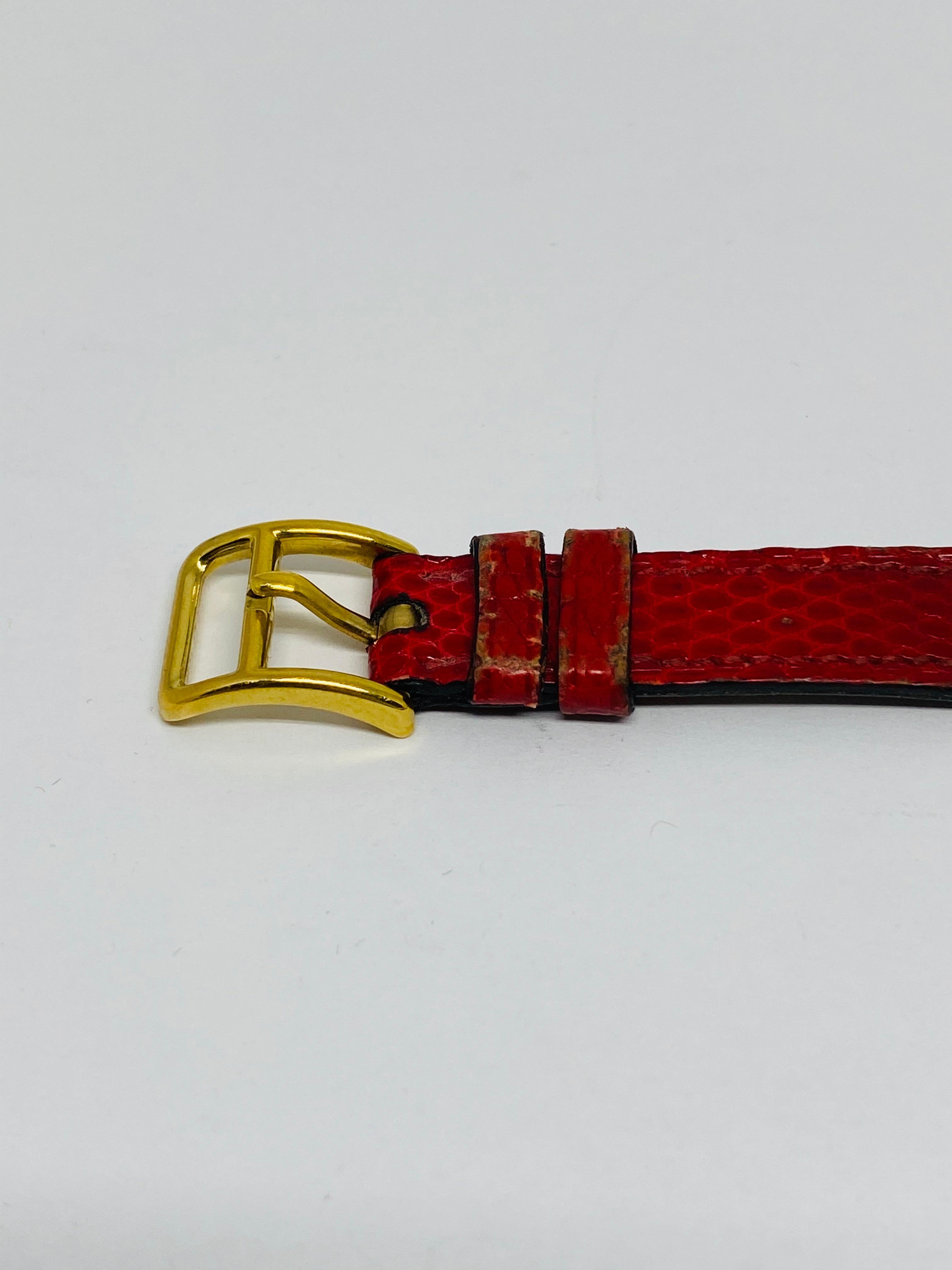 Women's or Men's Vintage HERMES Kelly Gold Padlock Wrist Watch Red Animal Skin Strap Bracelet 