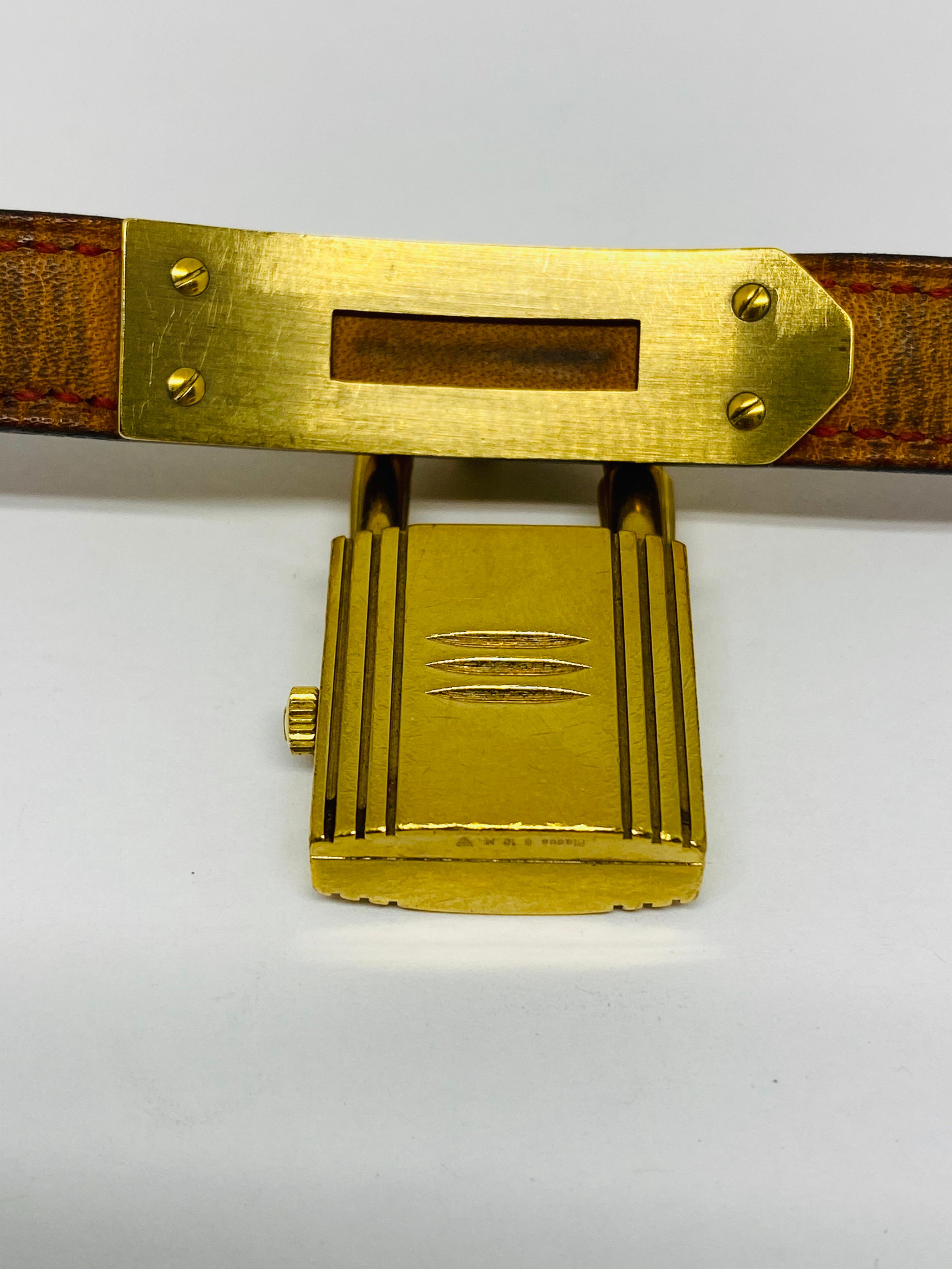 Vintage HERMES Kelly Gold Padlock Wrist Watch Red Animal Skin Strap Bracelet  2