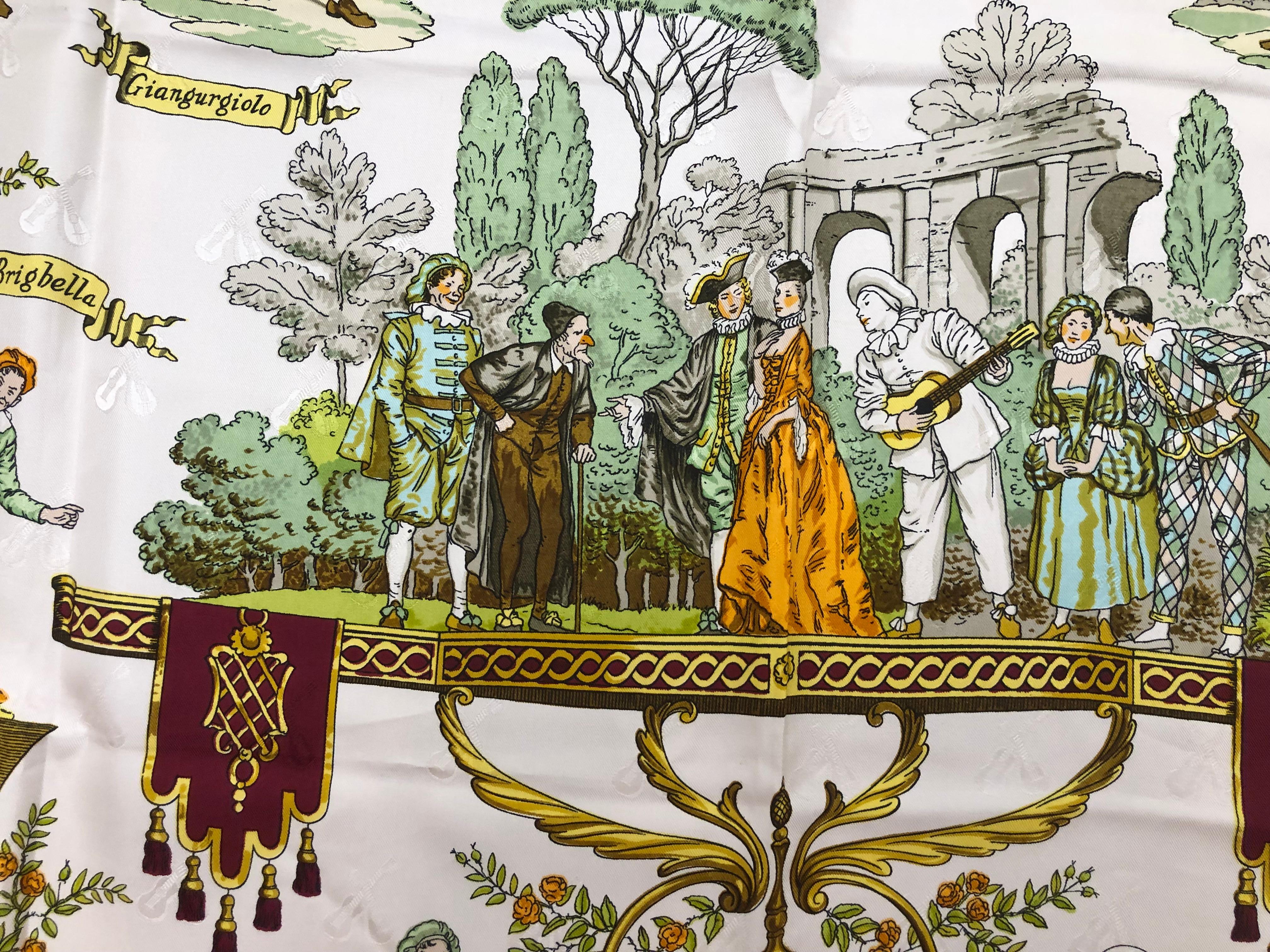 Vintage HERMES La Comedie Italienne Jacquard Silk Scarf by Philippe Ledoux Excellent état à Port Hope, ON