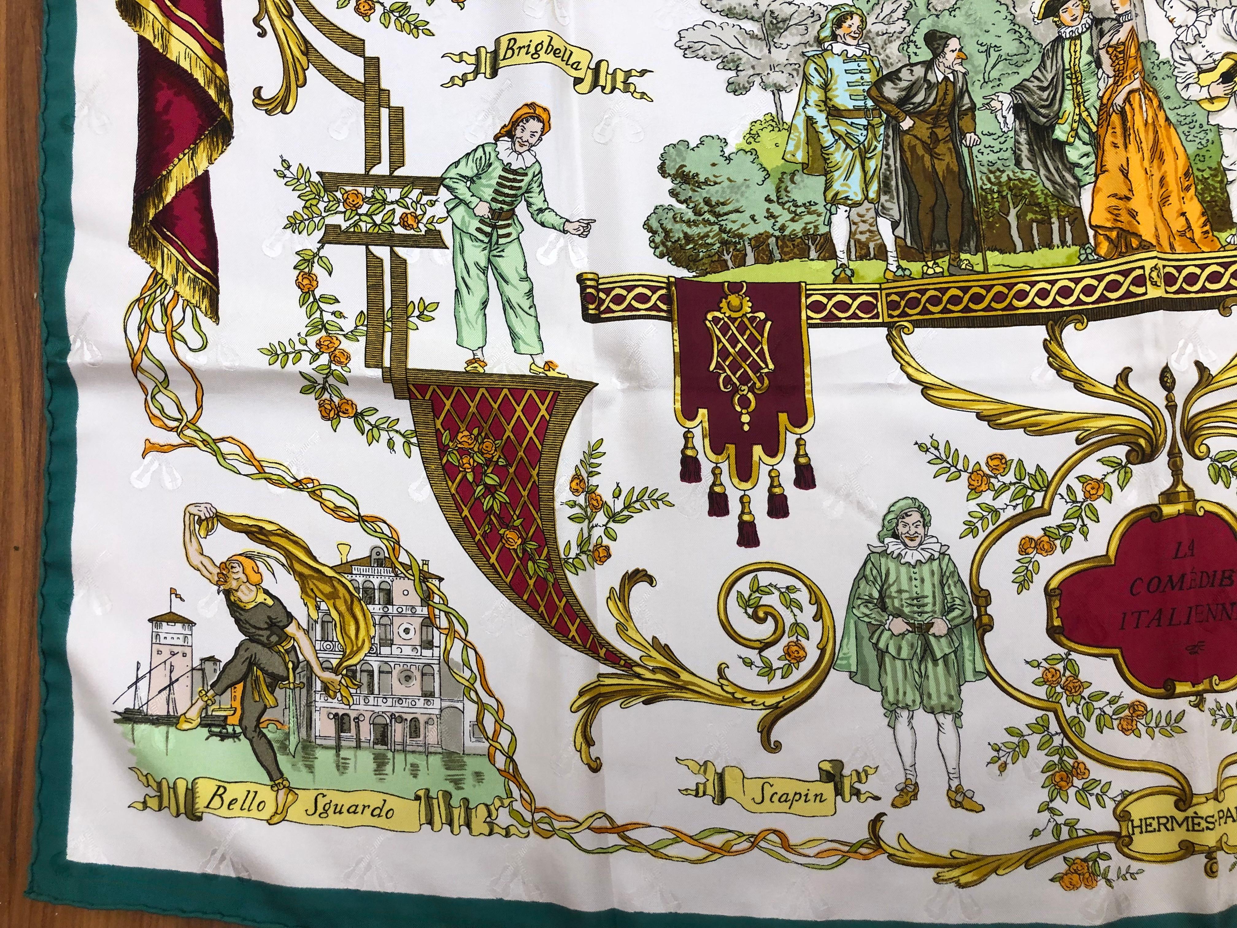 Vintage HERMES La Comedie Italienne Jacquard Silk Scarf by Philippe Ledoux 1