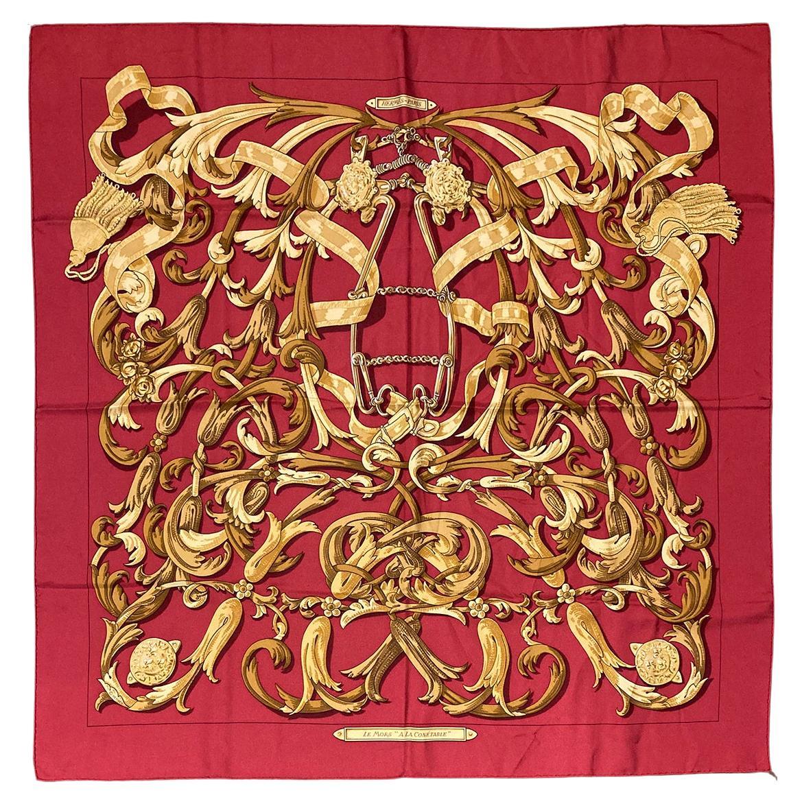 Hermès - Écharpe en soie rouge « Le Mors A La Contable » vintage, c1970