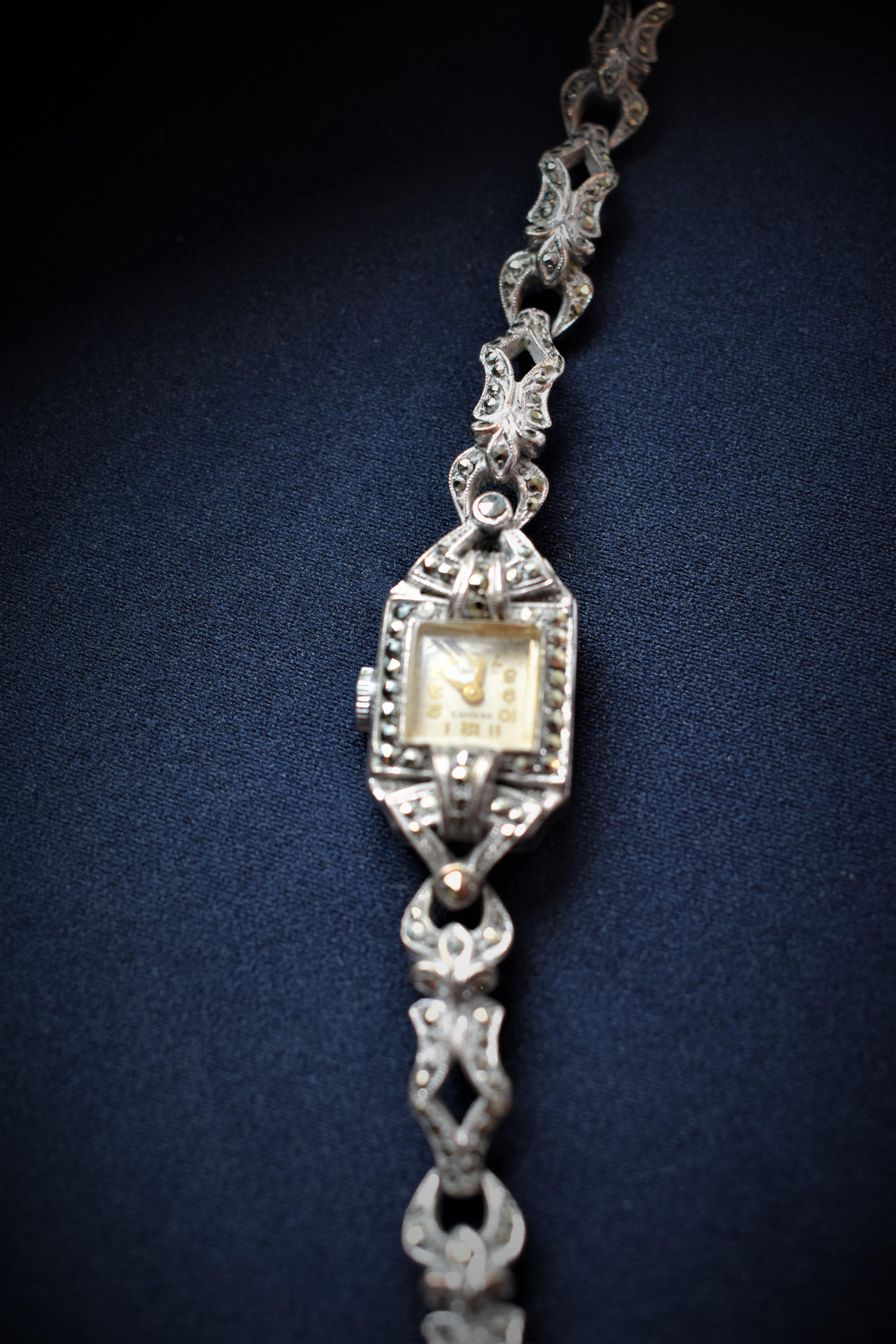 FINAL SALE 1950s Hermes Metal Rhodié and Marcasite Cocktail Watch Bracelet For Sale 3