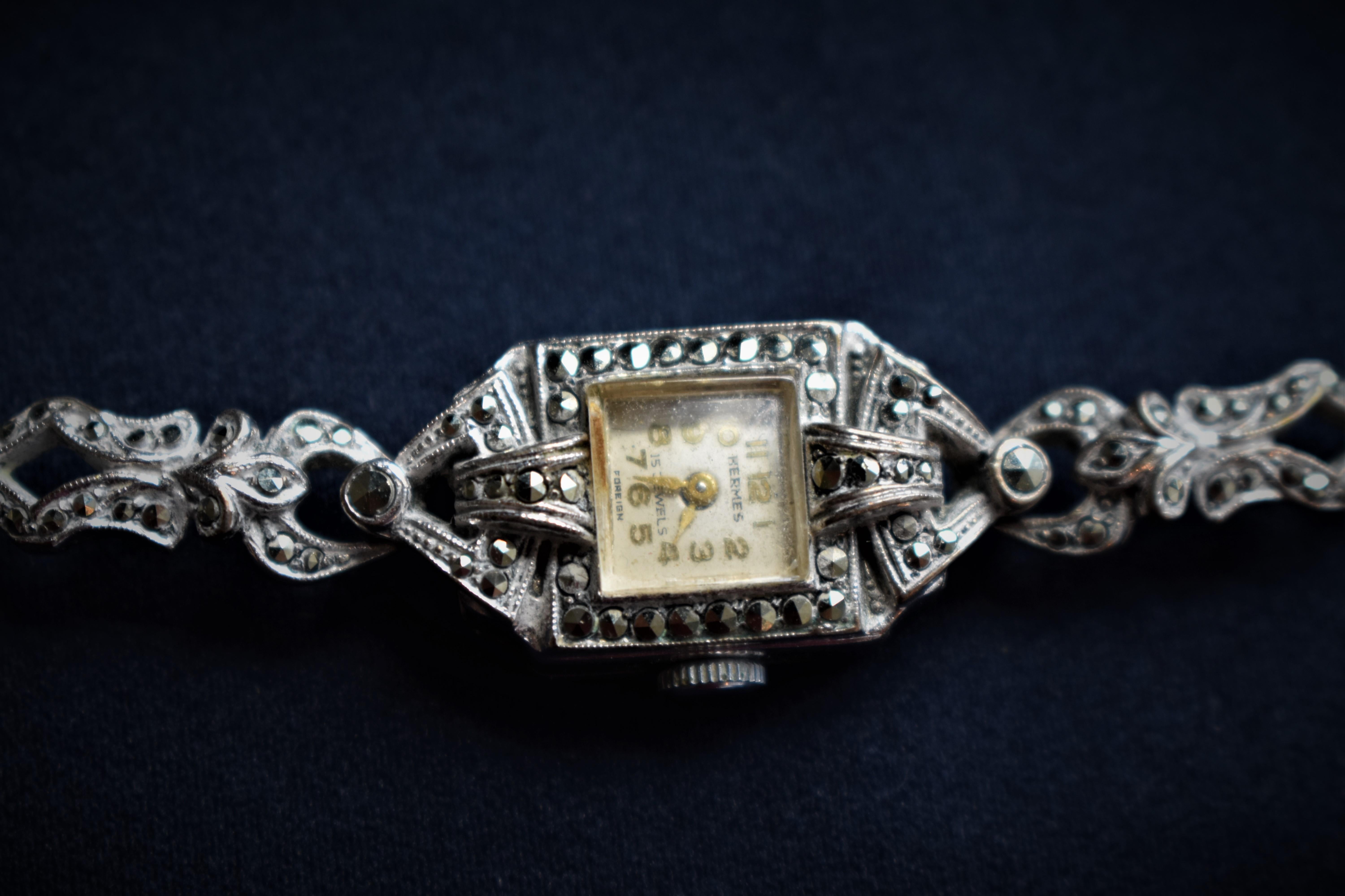 FINAL SALE 1950s Hermes Metal Rhodié and Marcasite Cocktail Watch Bracelet For Sale 4