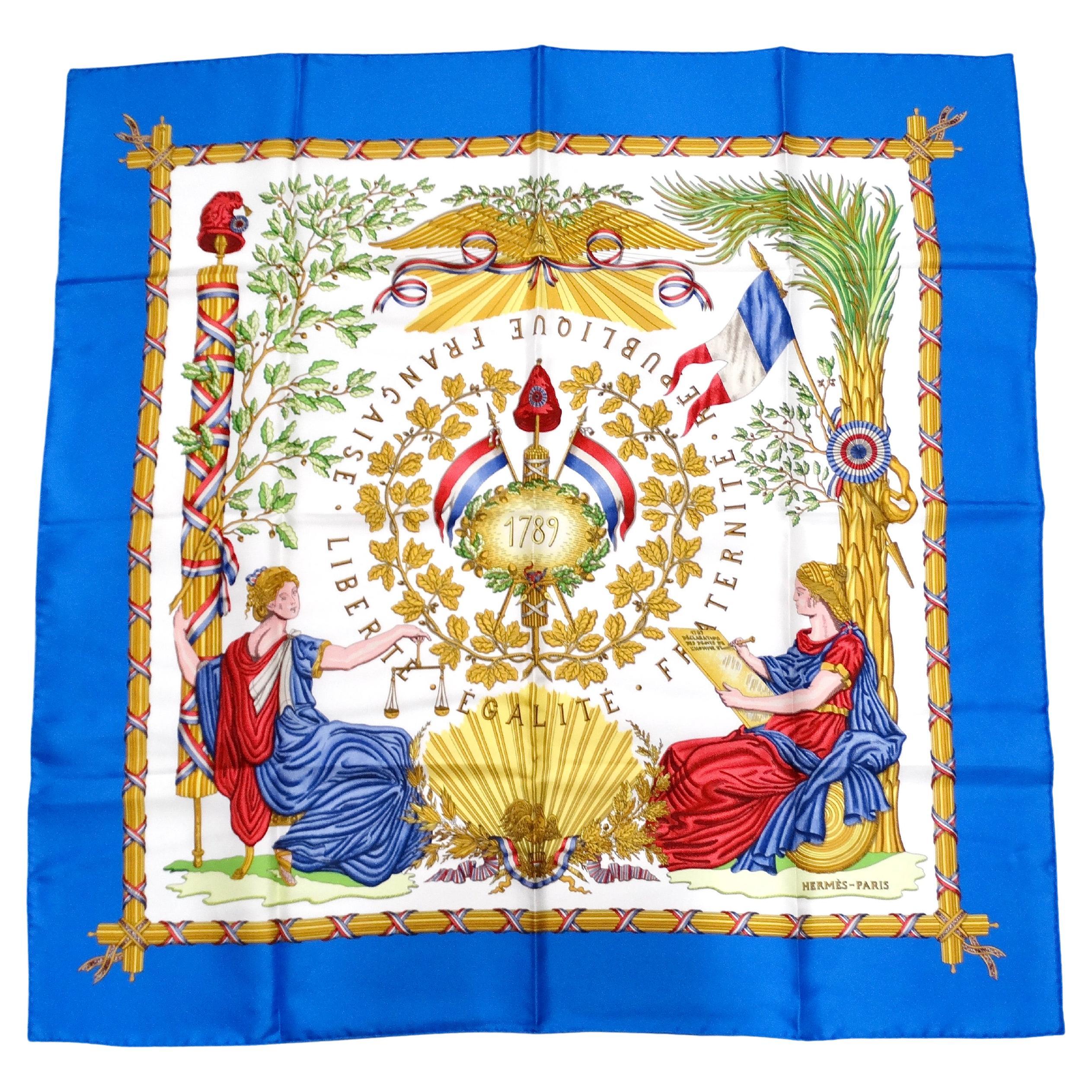 Pañuelo de seda vintage Hermes multicolor con estampado conmemorativo de la Revolución Francesa