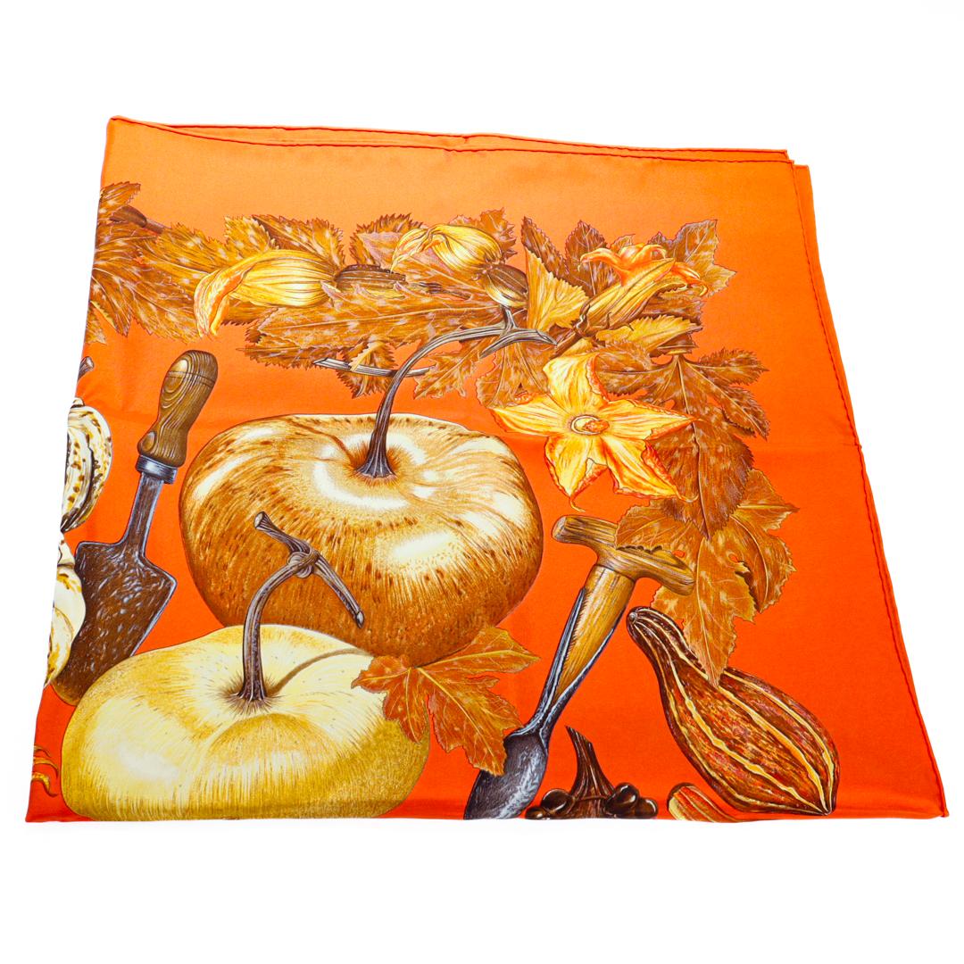 Vintage Hermes Paris Citrouilles & Coloquintes Burnt Orange Silk Pumpkin Scarf For Sale 4