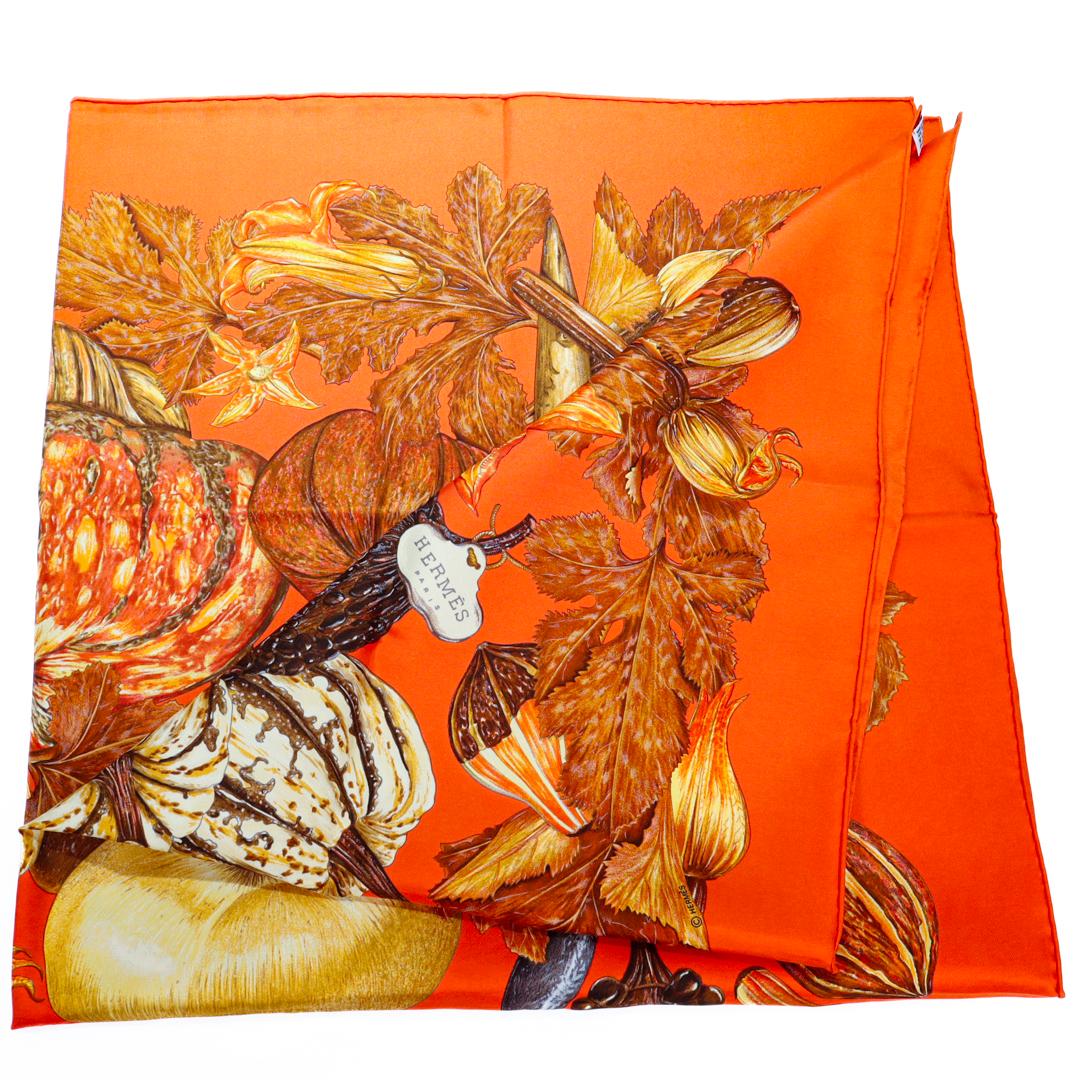 Modern Vintage Hermes Paris Citrouilles & Coloquintes Burnt Orange Silk Pumpkin Scarf For Sale