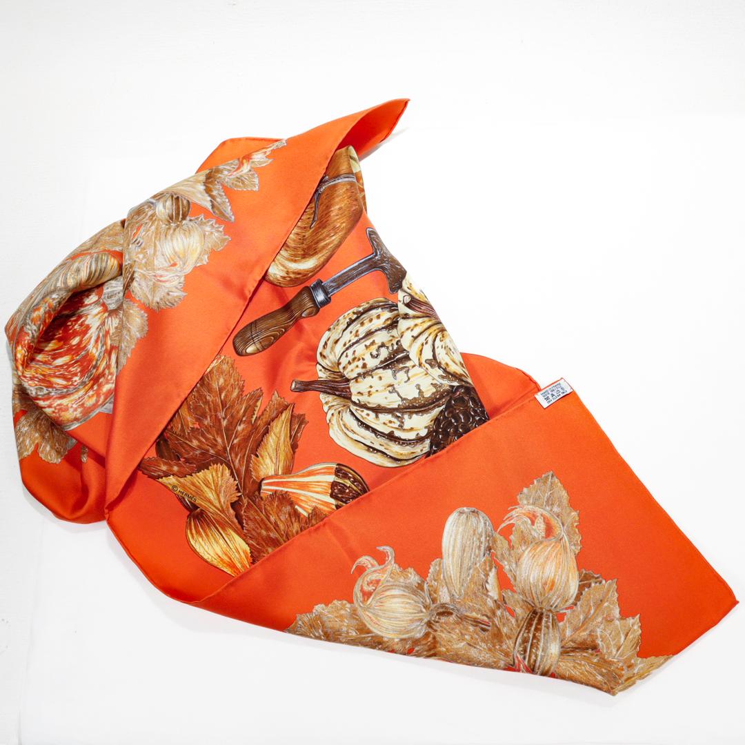 Modern Vintage Hermes Paris Citrouilles & Coloquintes Burnt Orange Silk Pumpkin Scarf For Sale