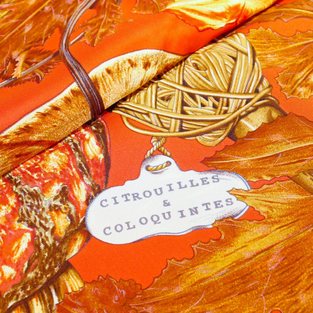 Contemporary Vintage Hermes Paris Citrouilles & Coloquintes Burnt Orange Silk Pumpkin Scarf For Sale