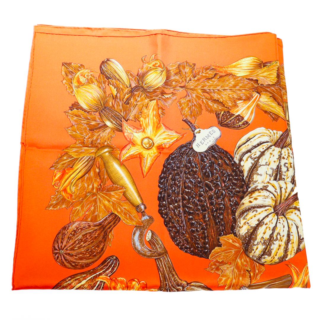 Vintage Hermes Paris Citrouilles & Coloquintes Burnt Orange Silk Pumpkin Scarf For Sale 2