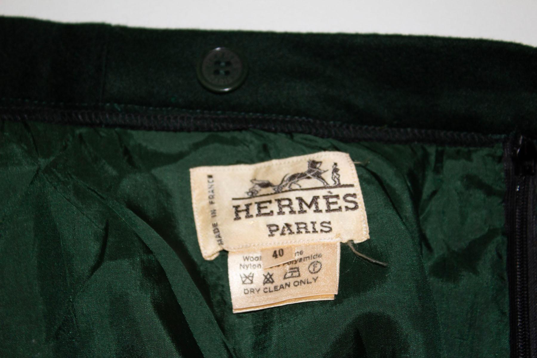 Vintage  Hermes Paris Green Wool Skirt with Pockets For Sale 1