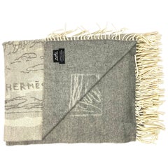 Retro Hermes Paris Grey Cashmere Throw Blanket