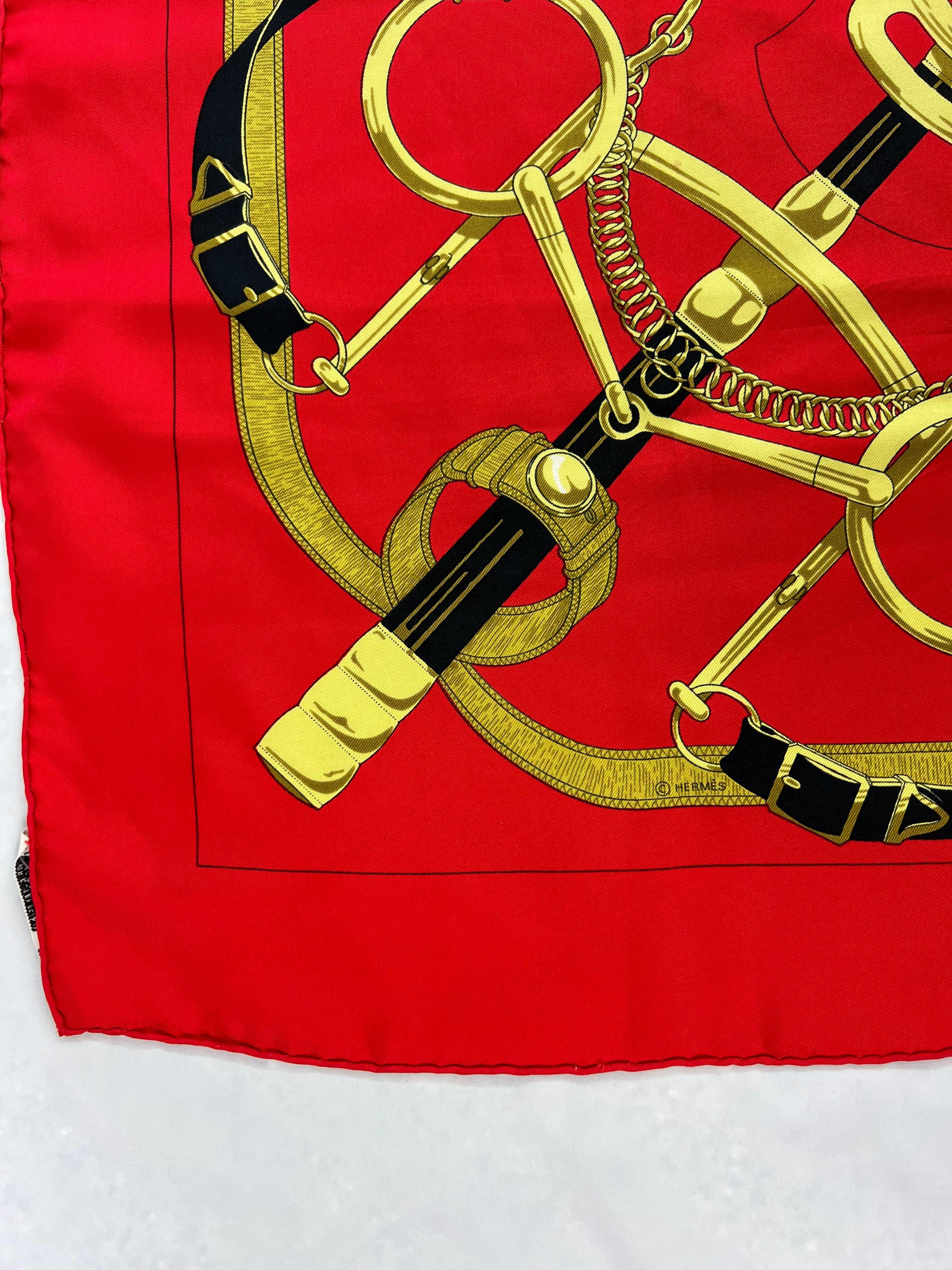 Red Vintage Hermès Paris Henri d’Origny “Sellier” Silk Scarf 90 CM