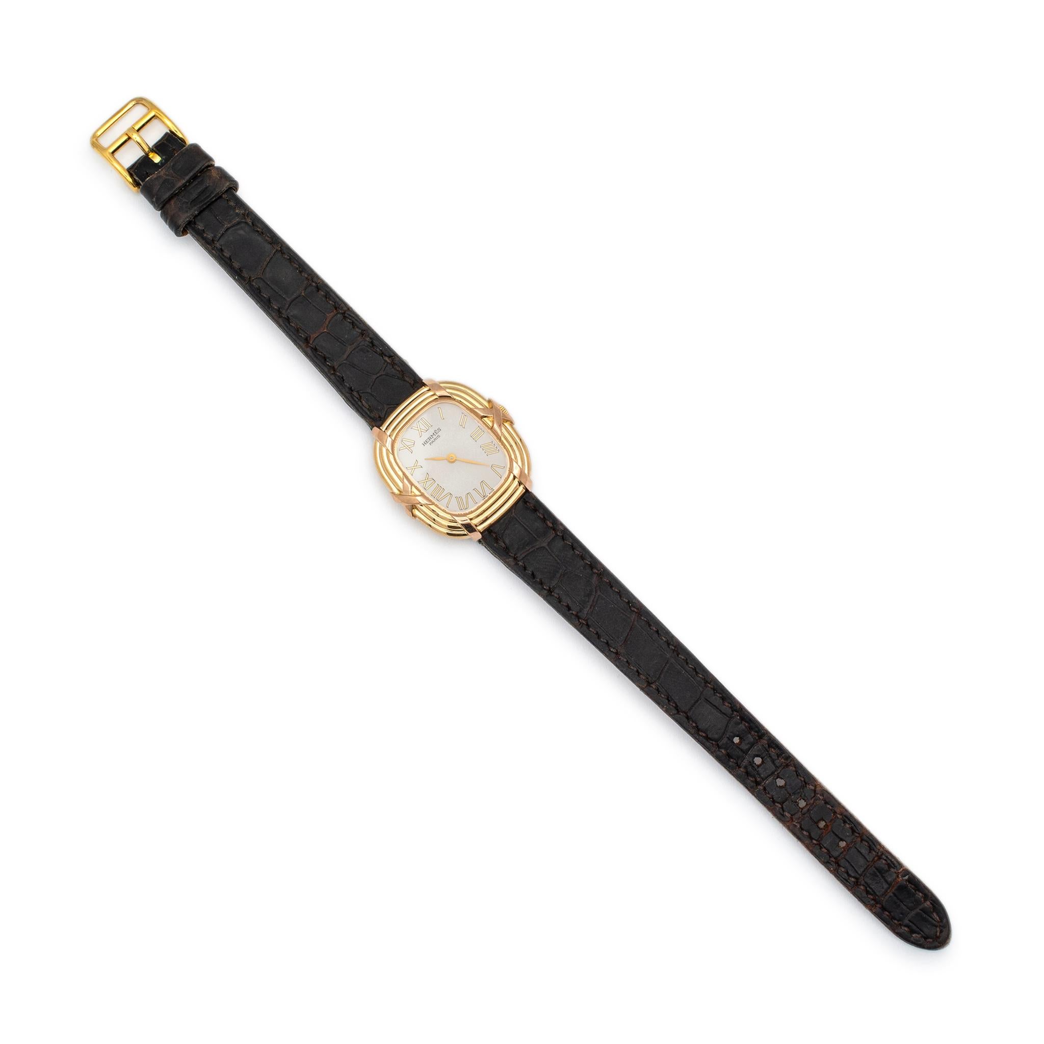 Vintage Hermes Paris Horloger 0732 24MM Quartz 18K Yellow Gold Watch 8