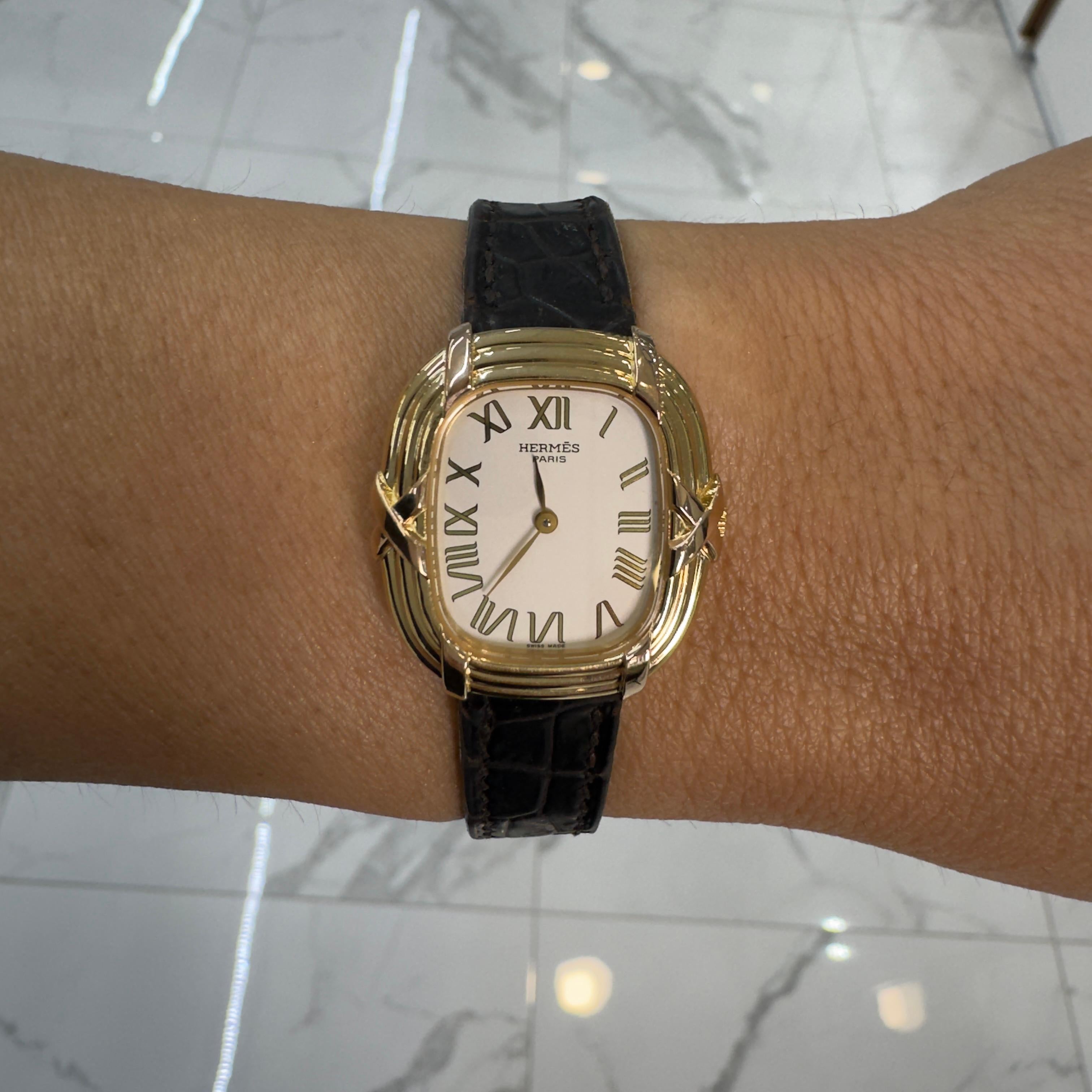 Vintage Hermes Paris Horloger 0732 24MM Quartz 18K Yellow Gold Watch 9