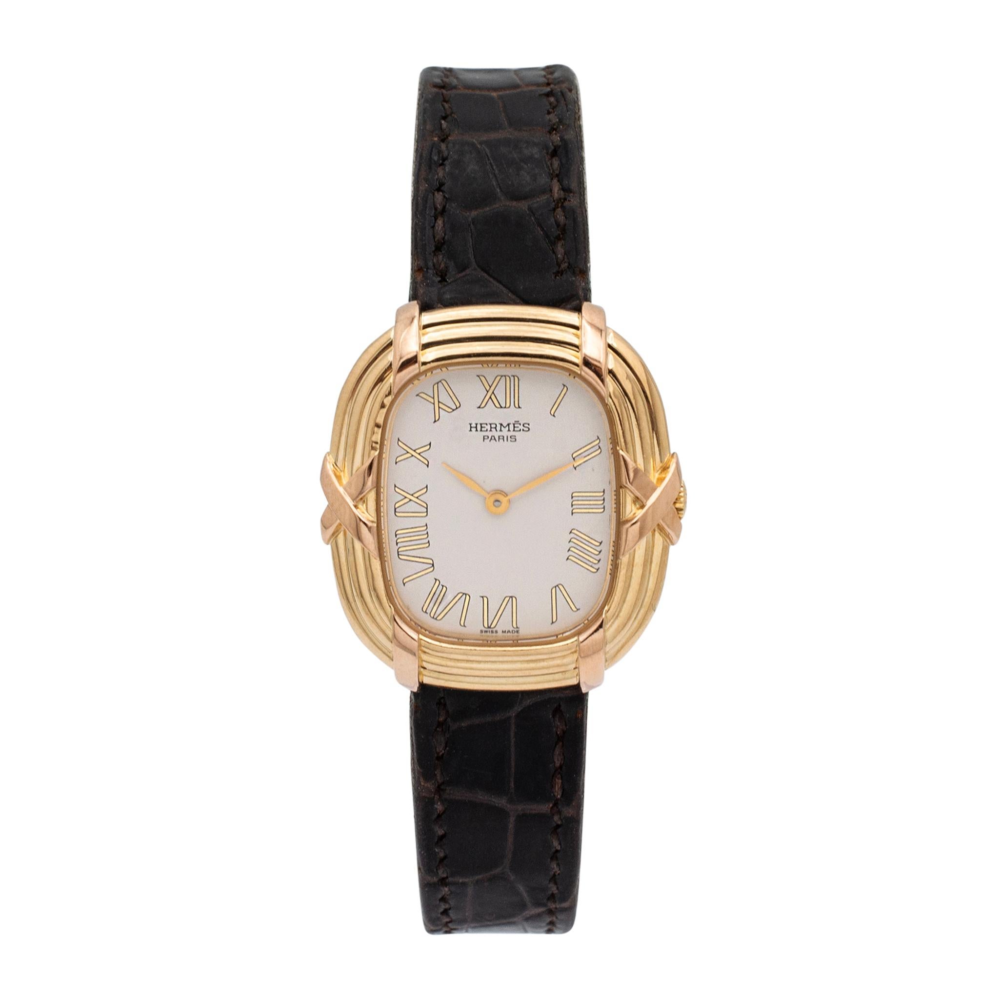 Brand: Hermes

Gender: Ladies

Metal Type: 18K Yellow Gold

Weight: 25.80 grams

Ladies 18K yellow gold HERMES Swiss made watch. The metal was tested and determined to be 18K yellow gold. Engraved with 