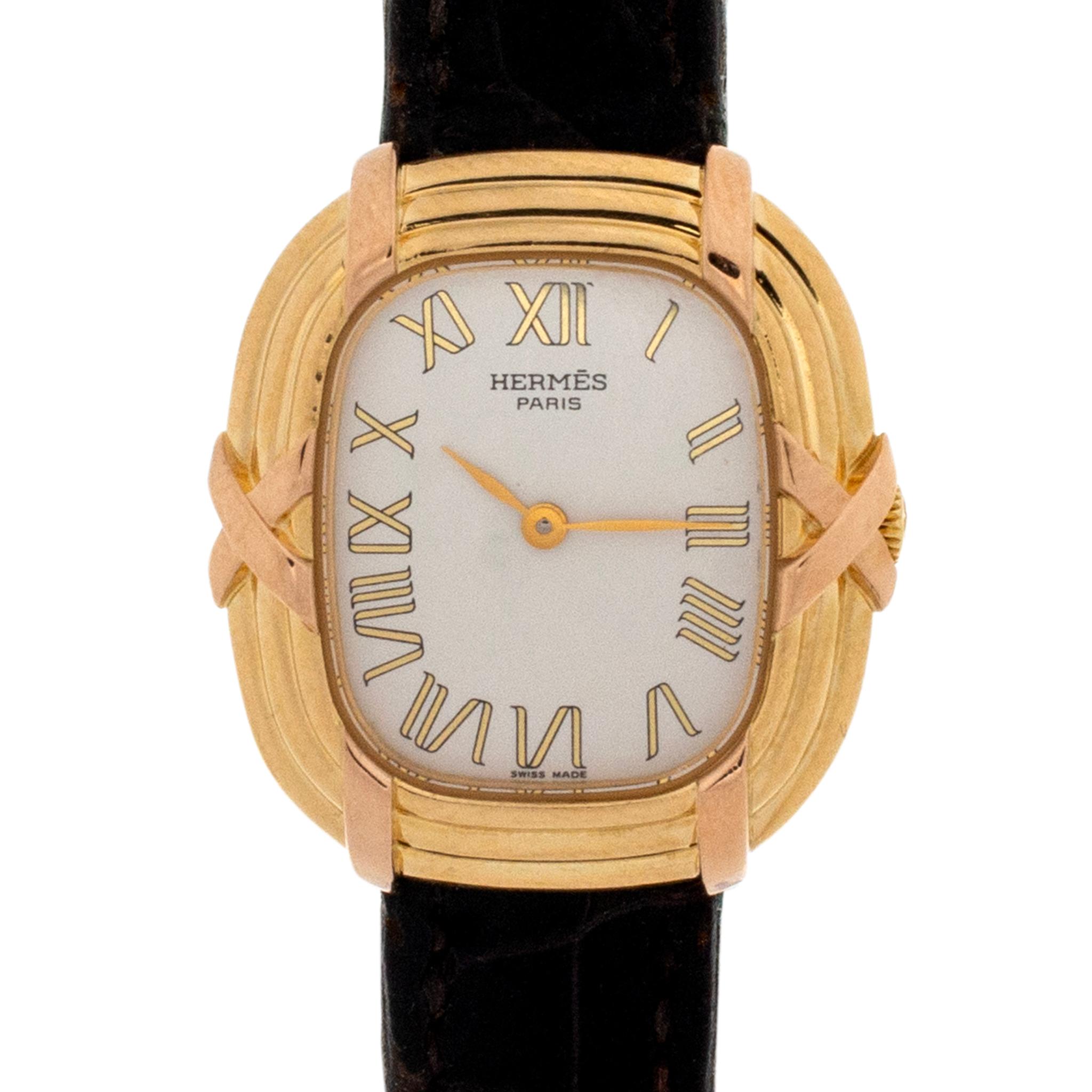 Vintage Hermes Paris Horloger 0732 24MM Quartz 18K Yellow Gold Watch In Excellent Condition In Houston, TX