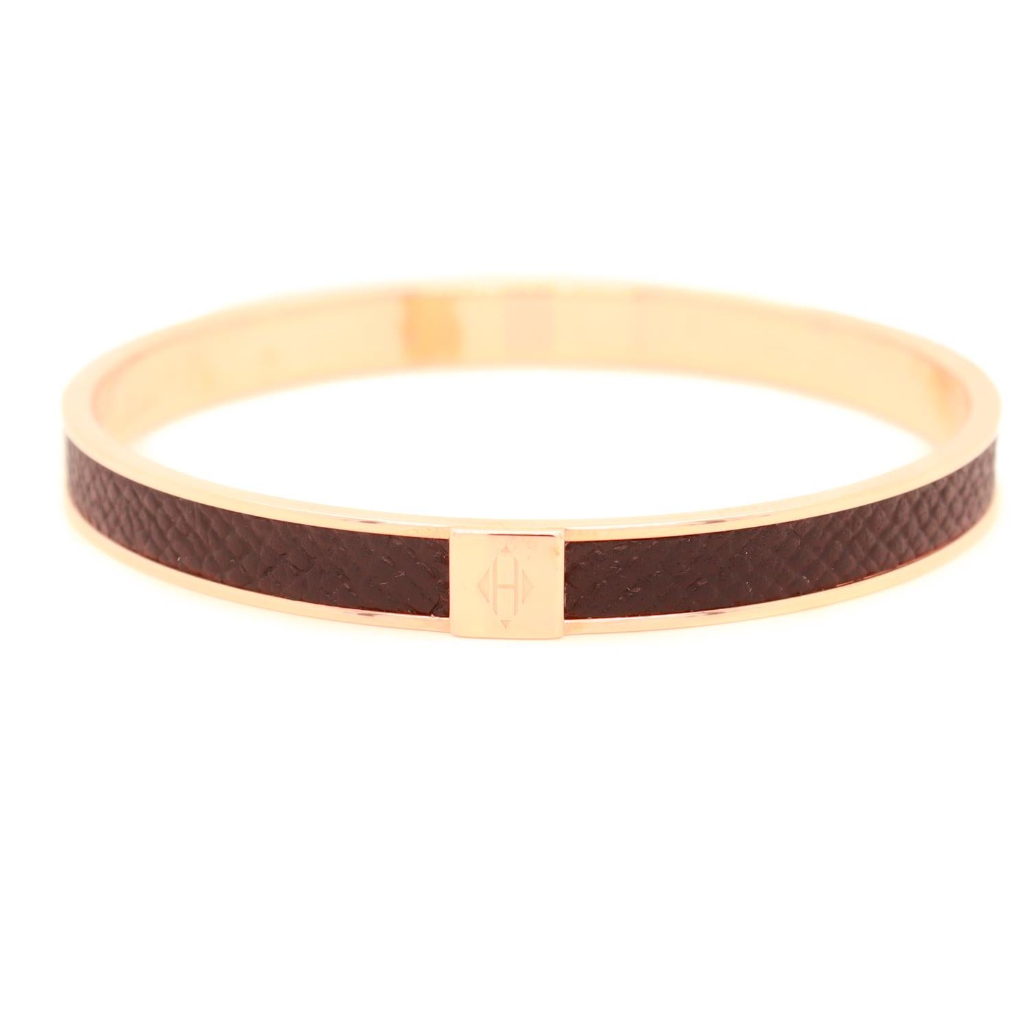 Vintage Hermes Paris Kawaii (Rose) Gold Plated & Epsom Leather Bangle Bracelet For Sale 4