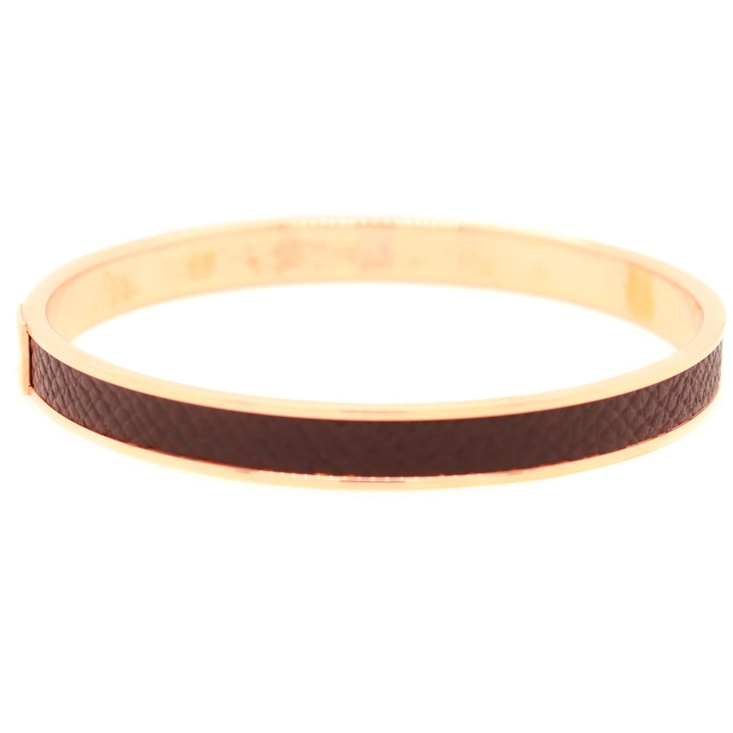 Vintage Hermes Paris Kawaii (Rose) Gold Plated & Epsom Leather Bangle Bracelet For Sale 5