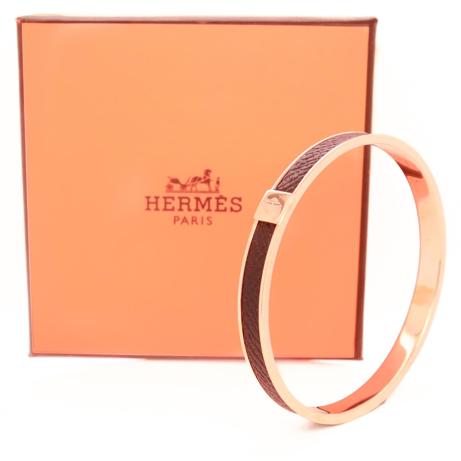 Vintage Hermes Paris Kawaii (Rose) Gold Plated & Epsom Leather Bangle Bracelet For Sale 8