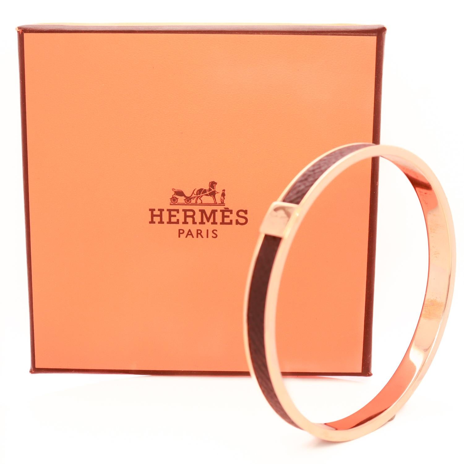Vintage Hermes Paris Kawaii (Rose) Gold Plated & Epsom Leather Bangle Bracelet For Sale 9
