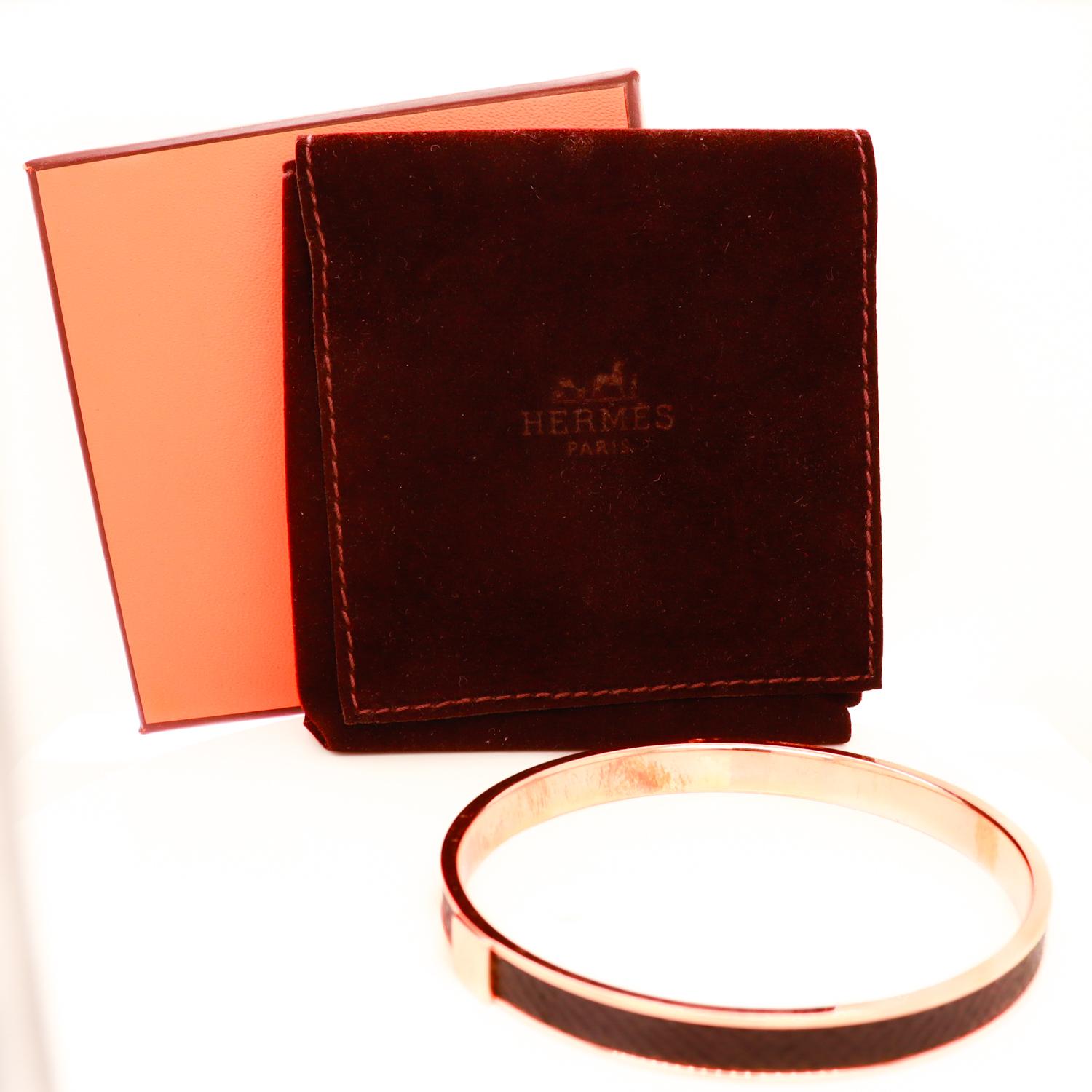 Vintage Hermes Paris Kawaii (Rose) Gold Plated & Epsom Leather Bangle Bracelet For Sale 10
