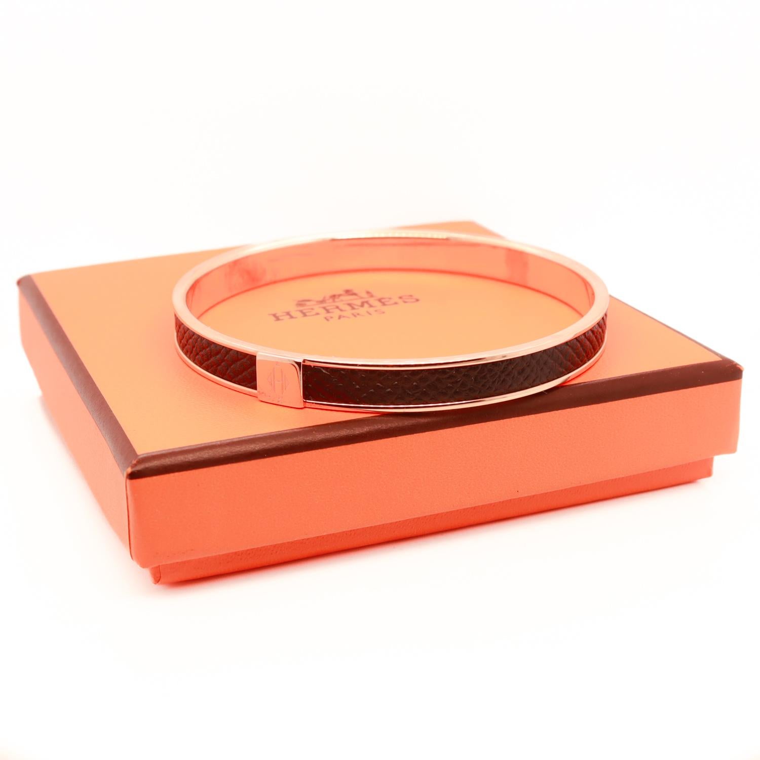 Vintage Hermes Paris Kawaii (Rose) Gold Plated & Epsom Leather Bangle Bracelet For Sale 12