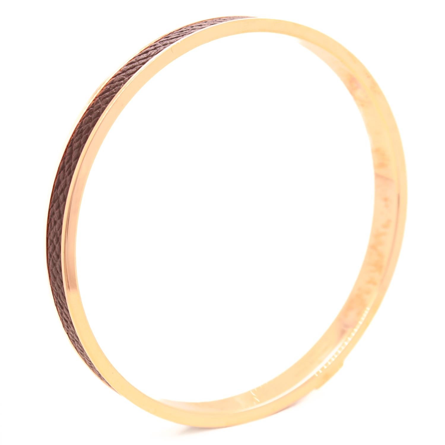 Women's Vintage Hermes Paris Kawaii (Rose) Gold Plated & Epsom Leather Bangle Bracelet For Sale