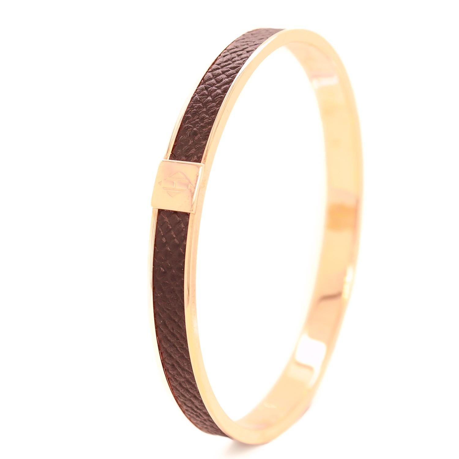 Vintage Hermes Paris Kawaii (Rose) Gold Plated & Epsom Leather Bangle Bracelet For Sale 1