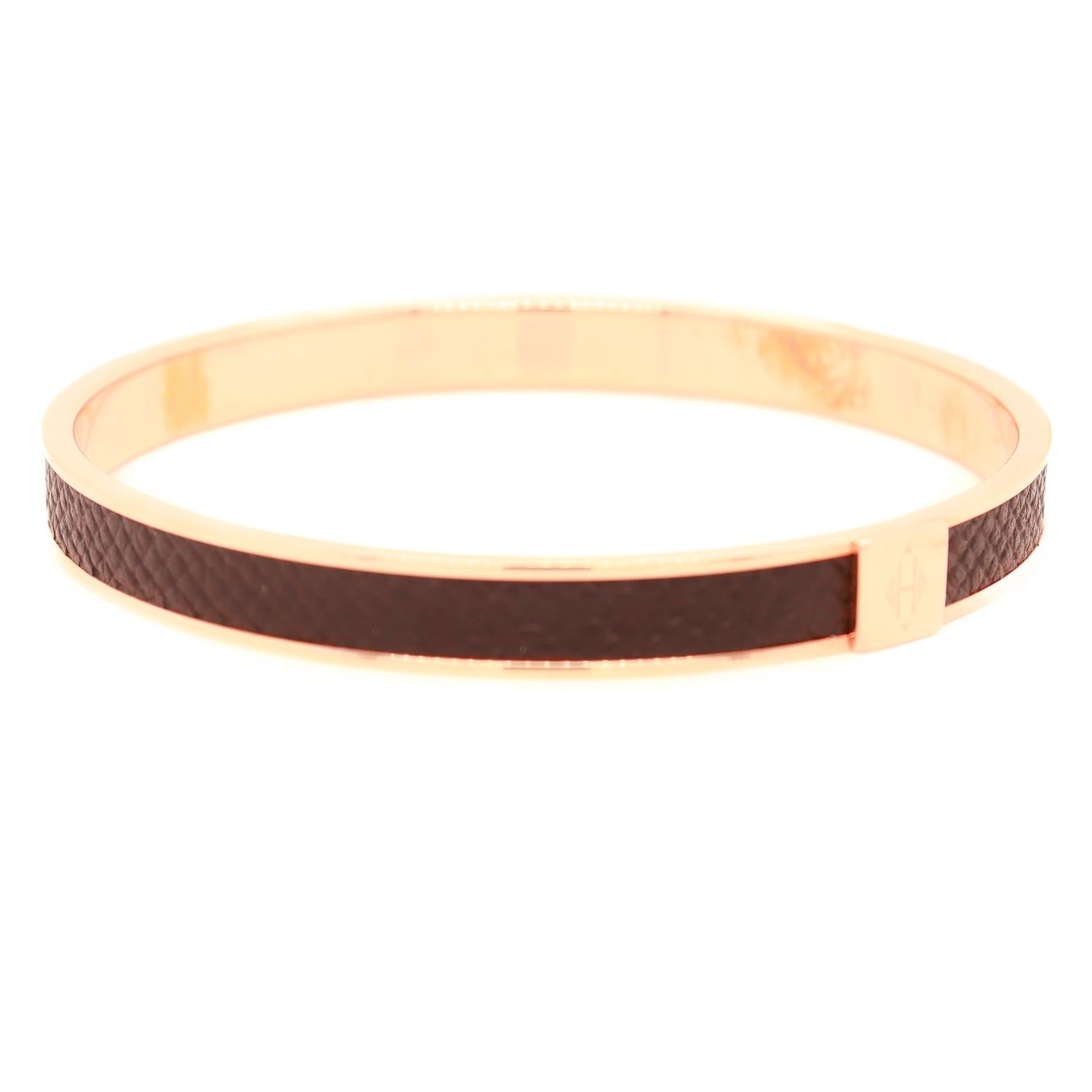 Vintage Hermes Paris Kawaii (Rose) Gold Plated & Epsom Leather Bangle Bracelet For Sale 3