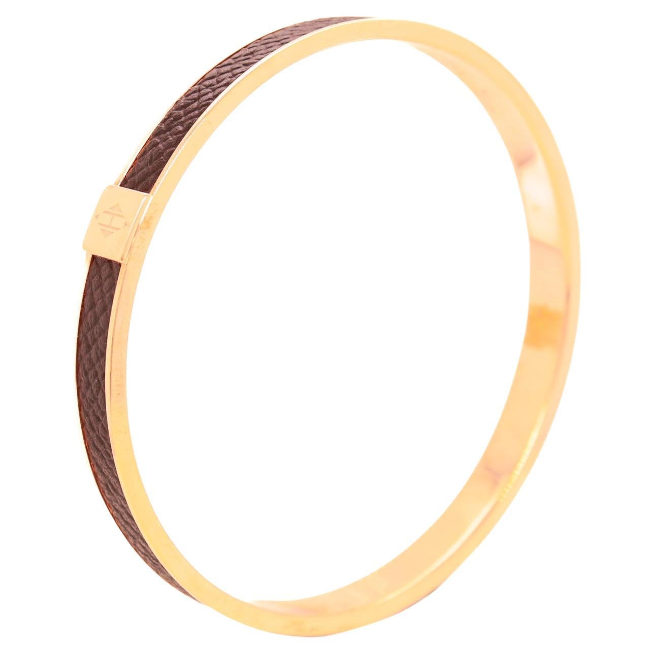 Vintage Hermes Paris Kawaii (Rose) Gold Plated & Epsom Leather Bangle Bracelet For Sale