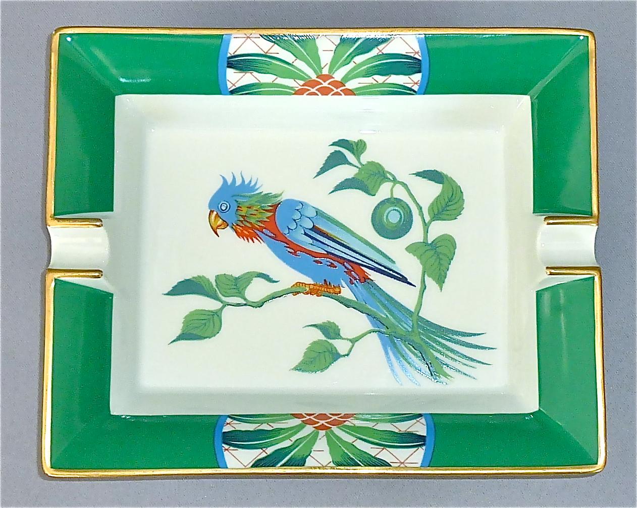 Vintage Hermès Paris Porcelain Ashtray Parakeet Bird Motif Gilt Green Red Blue 3