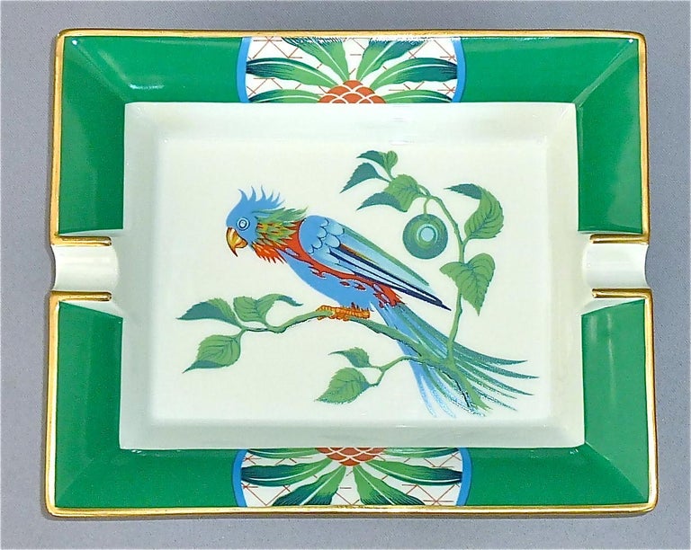 Vintage Hermès Paris Porcelain Ashtray Parakeet Bird Motif Gilt