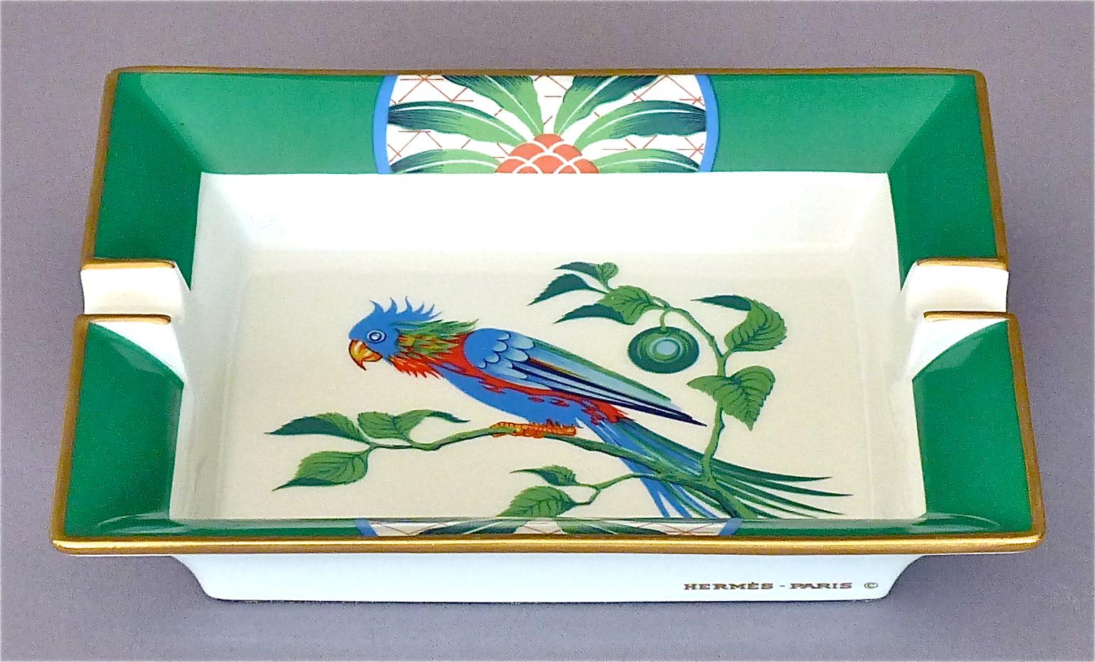Hollywood Regency Vintage Hermès Paris Porcelain Ashtray Parakeet Bird Motif Gilt Green Red Blue